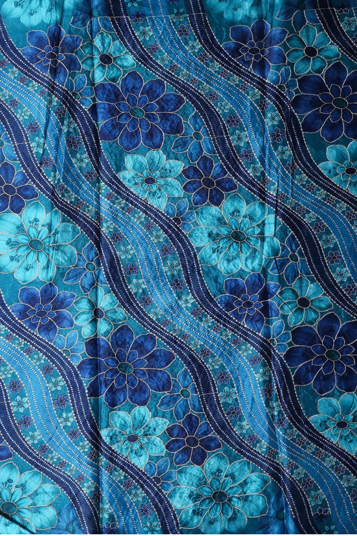 Sequins With Gold Zari Floral Embroidery On Blue And Rama Chinnon Chiffon Fabric