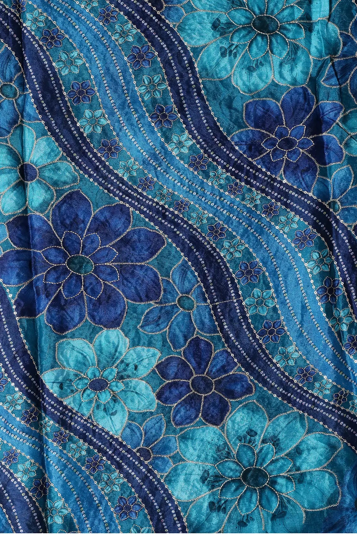 Sequins With Gold Zari Floral Embroidery On Blue And Rama Chinnon Chiffon Fabric