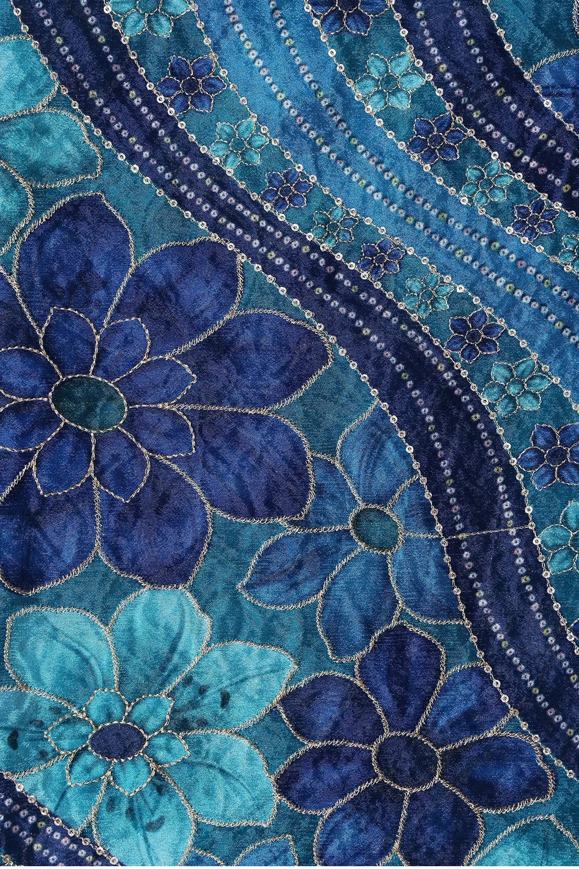 Sequins With Gold Zari Floral Embroidery On Blue And Rama Chinnon Chiffon Fabric
