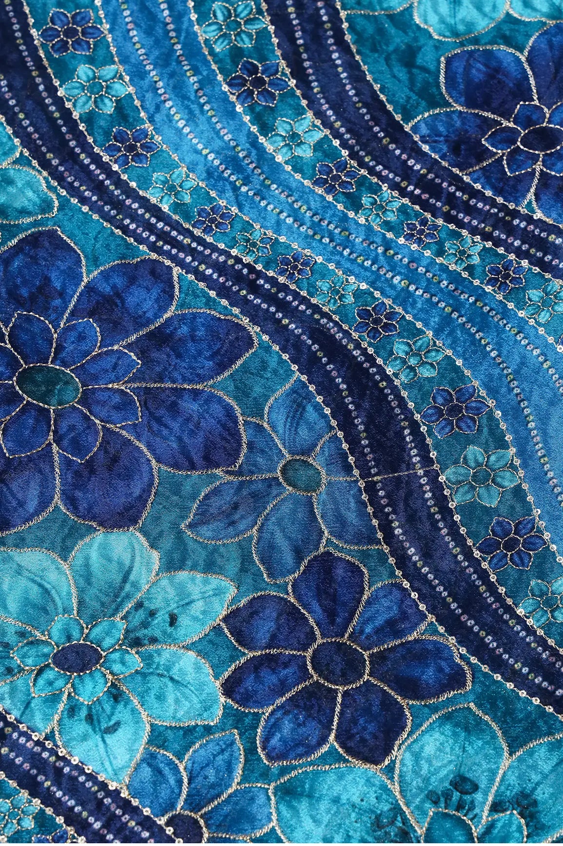 Sequins With Gold Zari Floral Embroidery On Blue And Rama Chinnon Chiffon Fabric