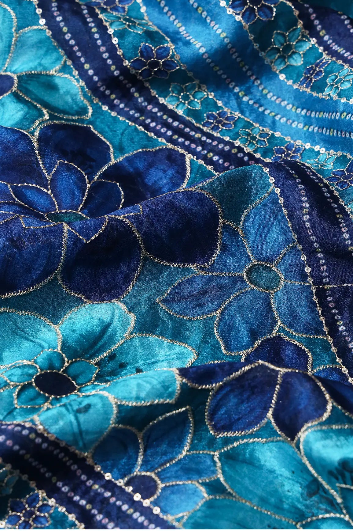 Sequins With Gold Zari Floral Embroidery On Blue And Rama Chinnon Chiffon Fabric