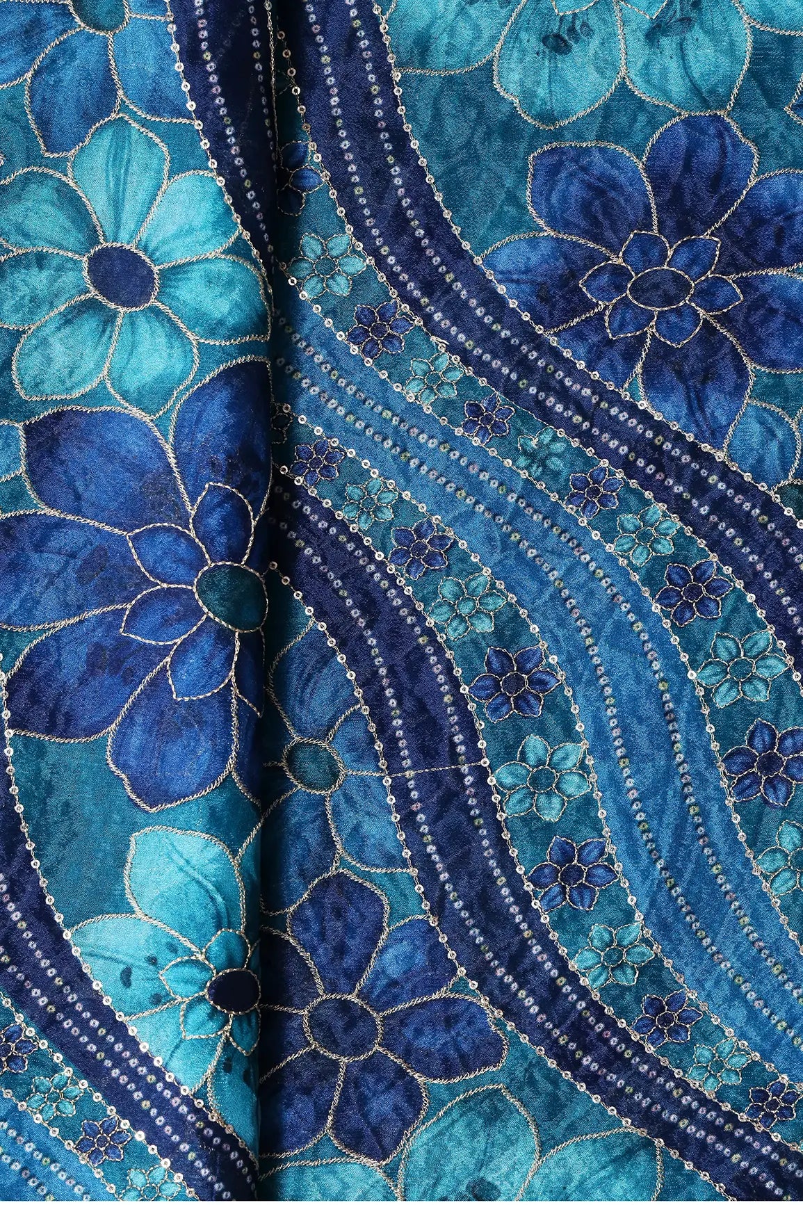 Sequins With Gold Zari Floral Embroidery On Blue And Rama Chinnon Chiffon Fabric