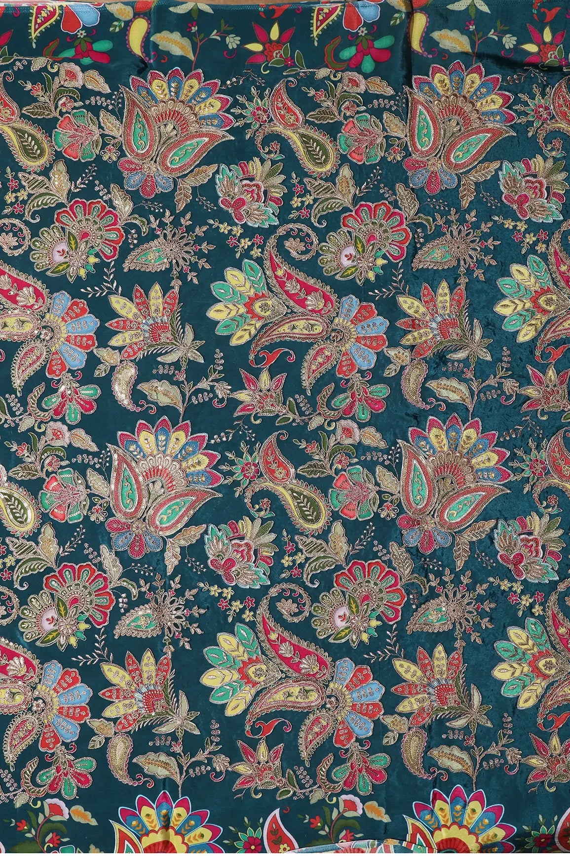 Heavy Gold Zari With Sequins Floral Embroidery On Rama Green Crepe Fabric