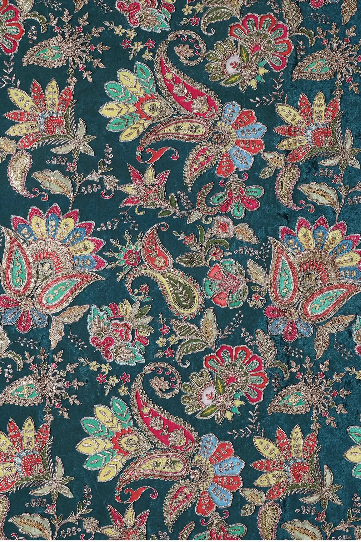 Heavy Gold Zari With Sequins Floral Embroidery On Rama Green Crepe Fabric