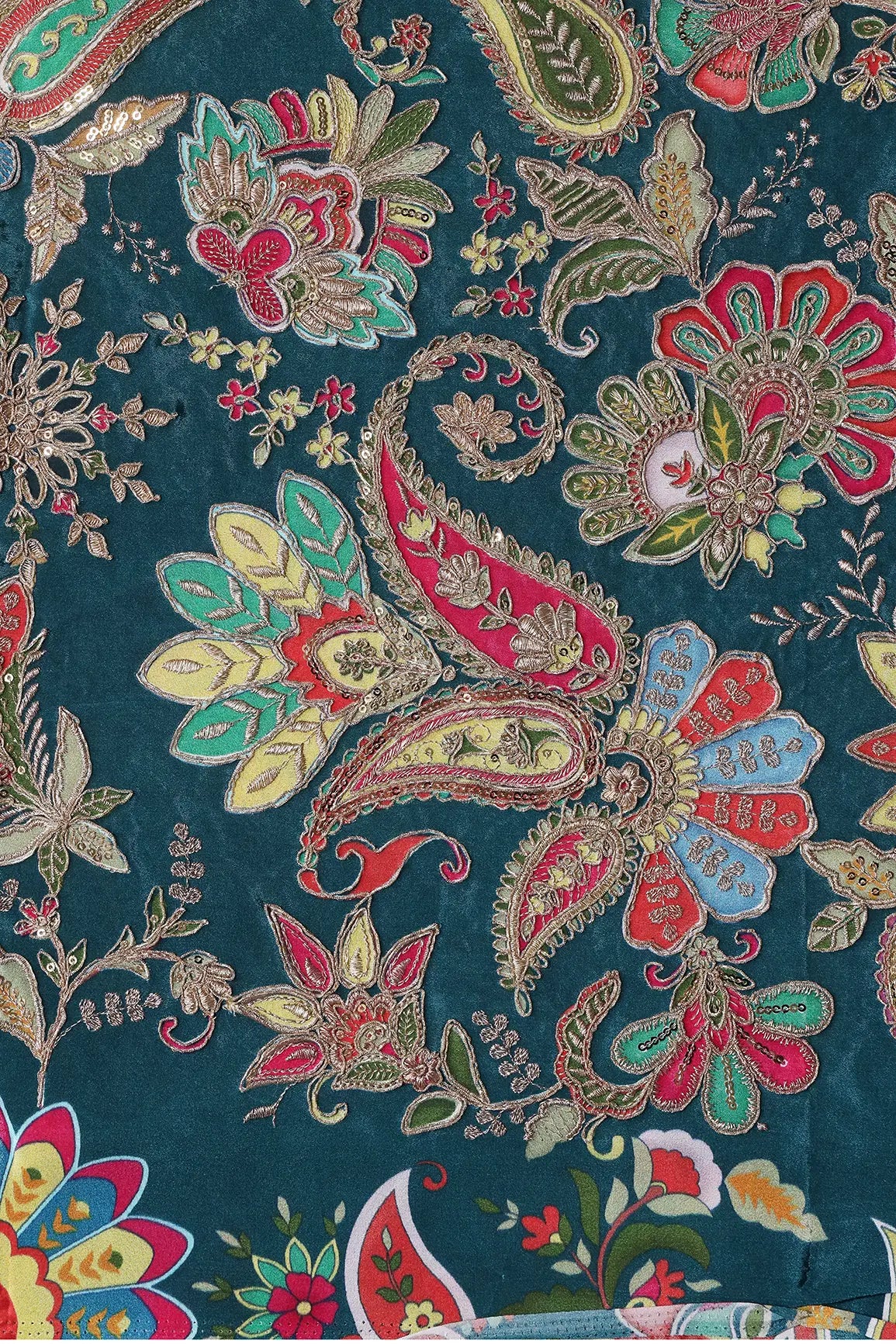 Heavy Gold Zari With Sequins Floral Embroidery On Rama Green Crepe Fabric