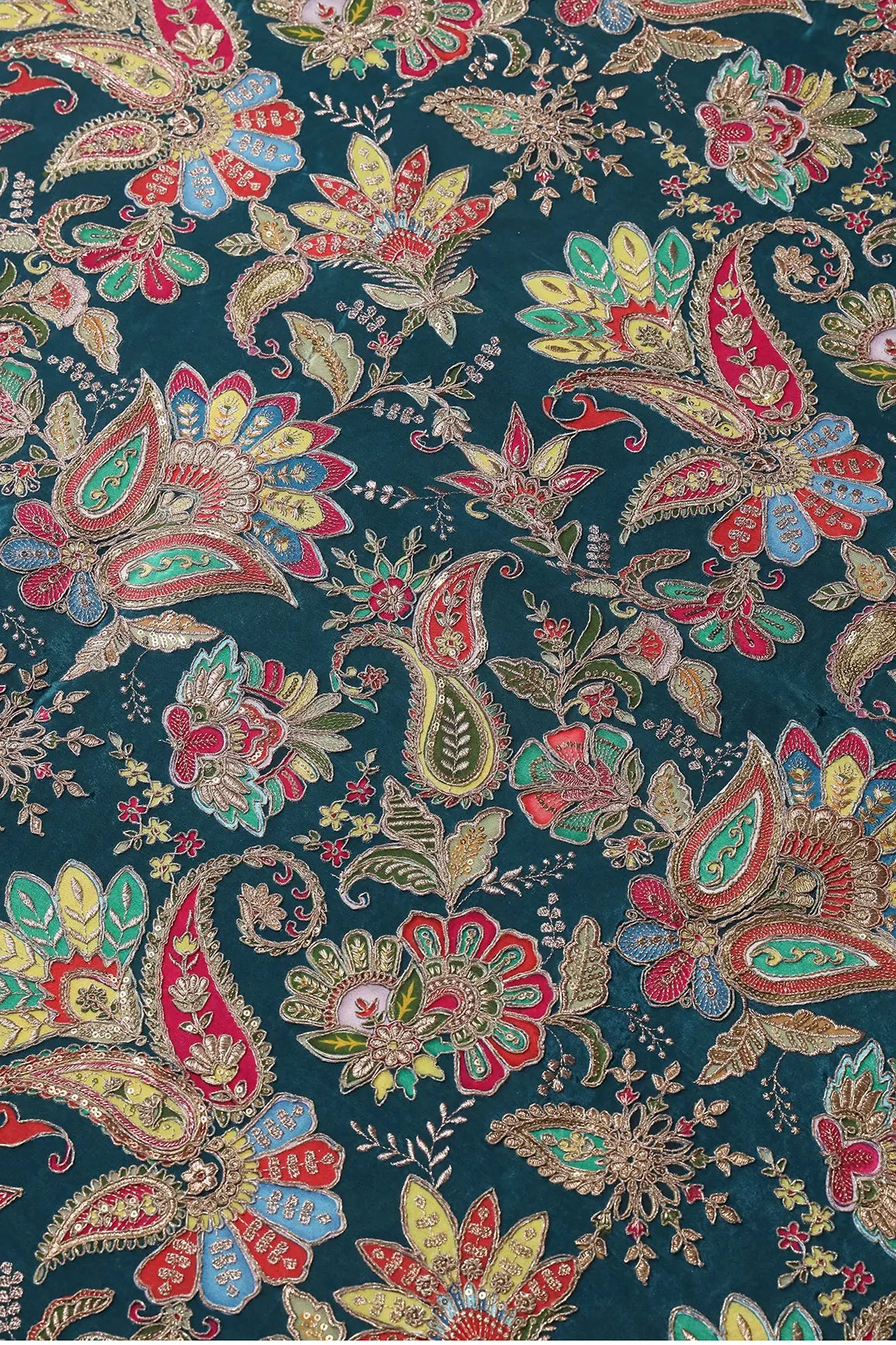Heavy Gold Zari With Sequins Floral Embroidery On Rama Green Crepe Fabric