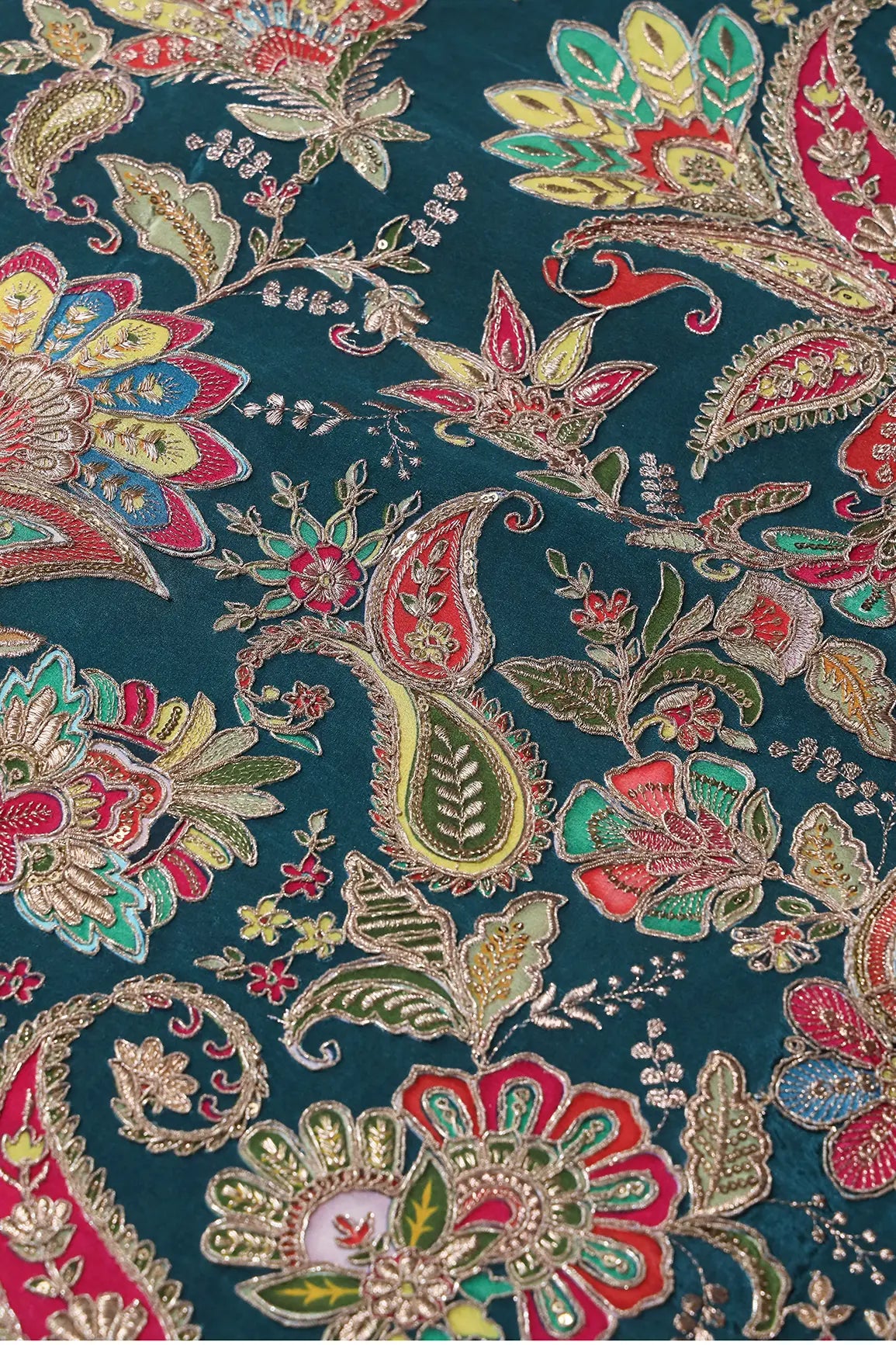 Heavy Gold Zari With Sequins Floral Embroidery On Rama Green Crepe Fabric