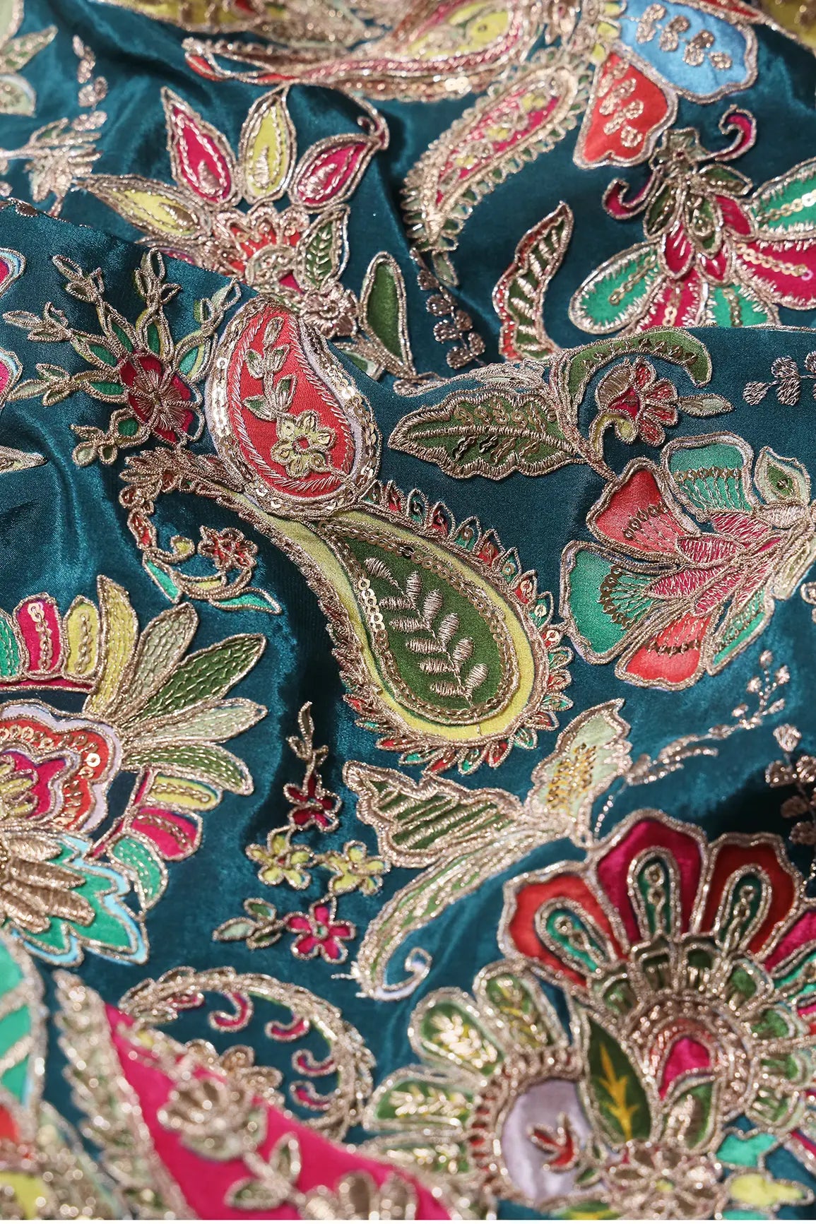 Heavy Gold Zari With Sequins Floral Embroidery On Rama Green Crepe Fabric