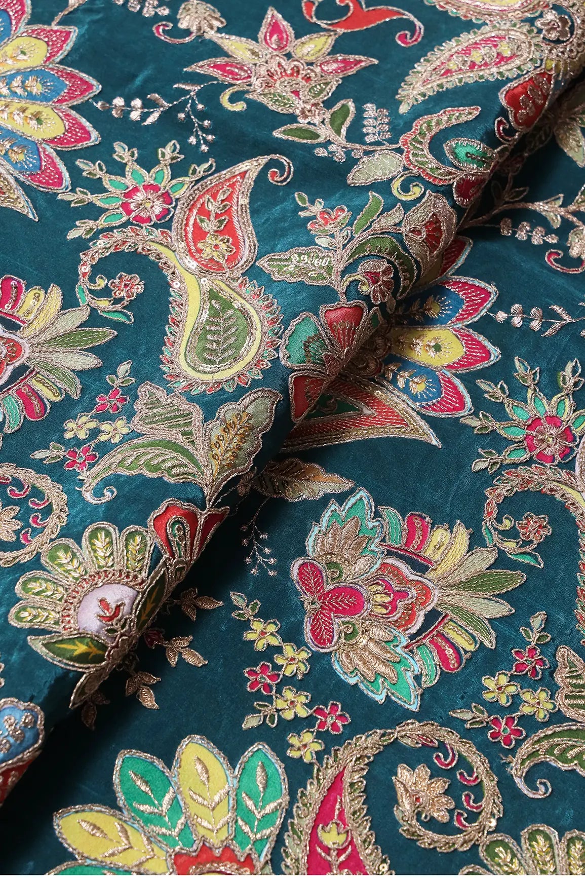 Heavy Gold Zari With Sequins Floral Embroidery On Rama Green Crepe Fabric