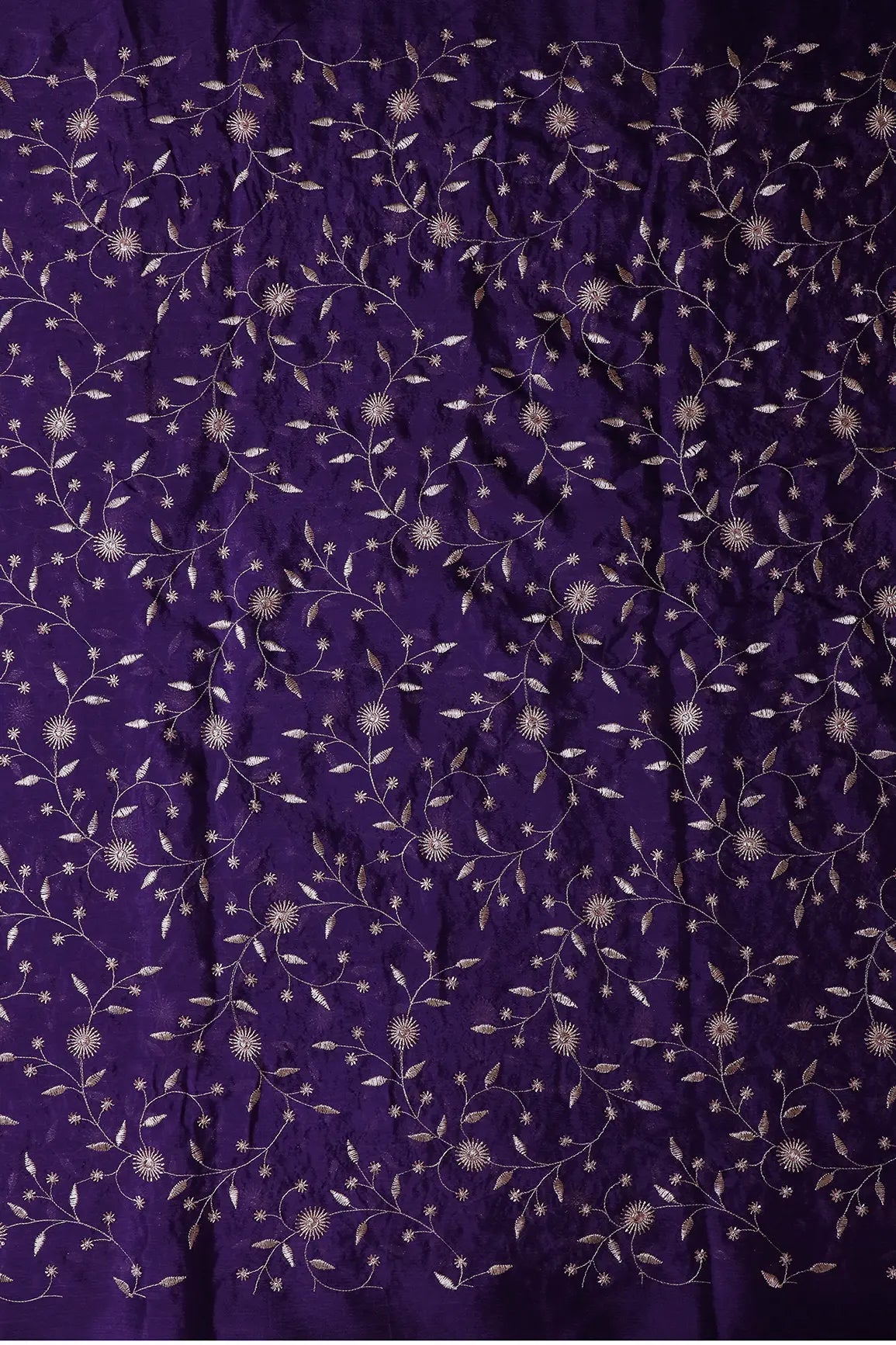 Gold Beads With Gold Zari Floral Embroidery On Purple Chinnon Chiffon Fabric