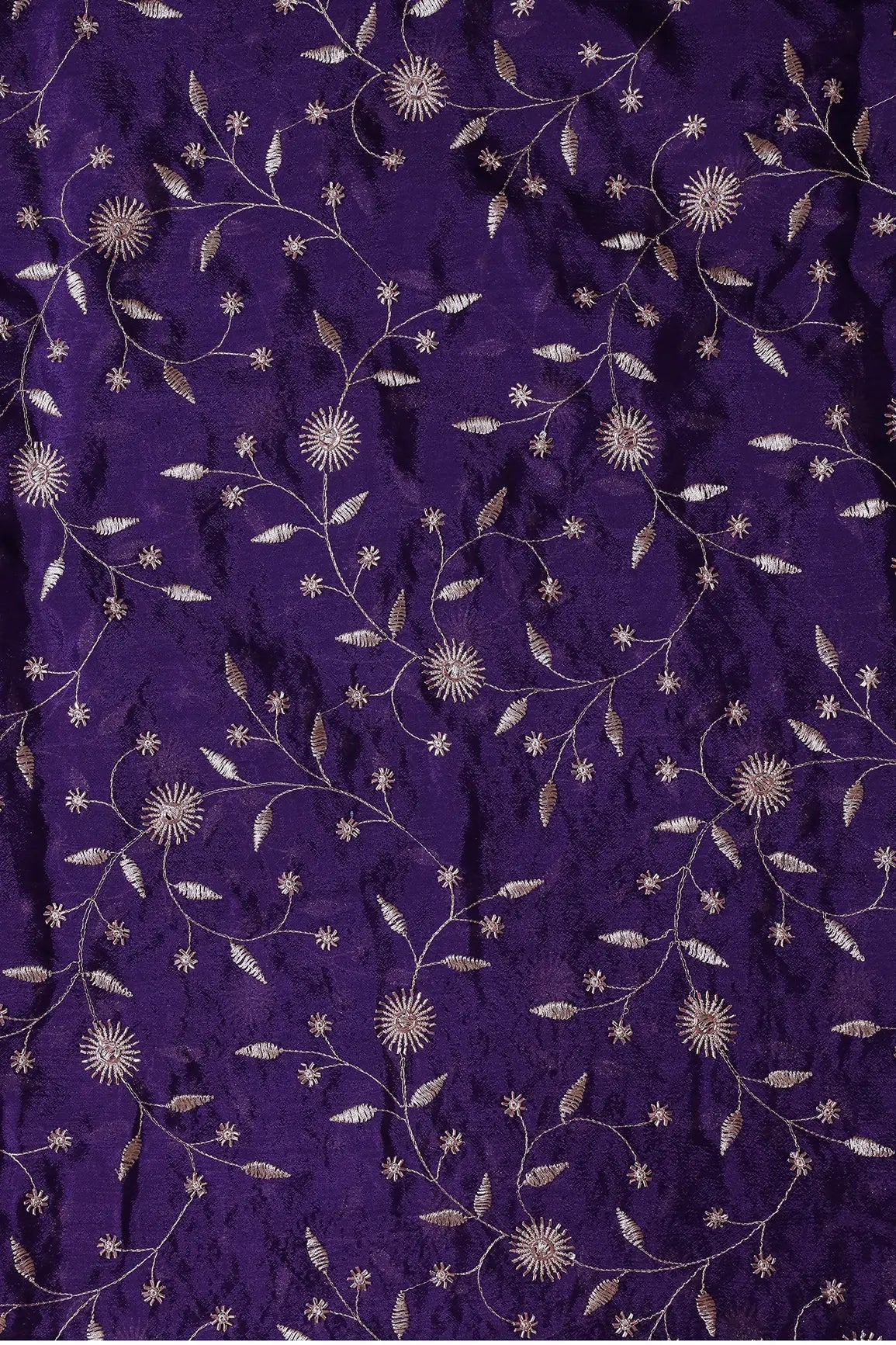 Gold Beads With Gold Zari Floral Embroidery On Purple Chinnon Chiffon Fabric