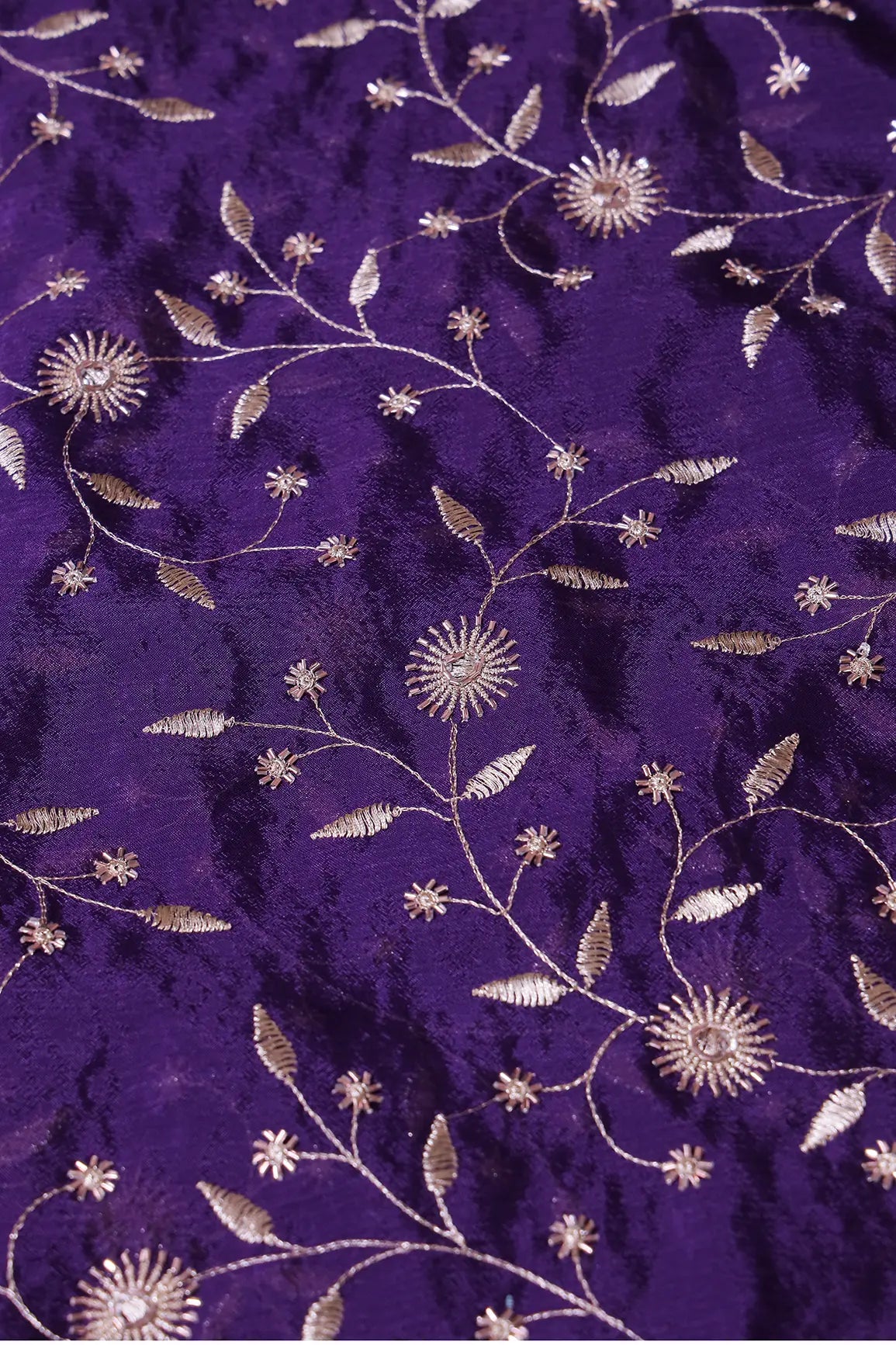Gold Beads With Gold Zari Floral Embroidery On Purple Chinnon Chiffon Fabric