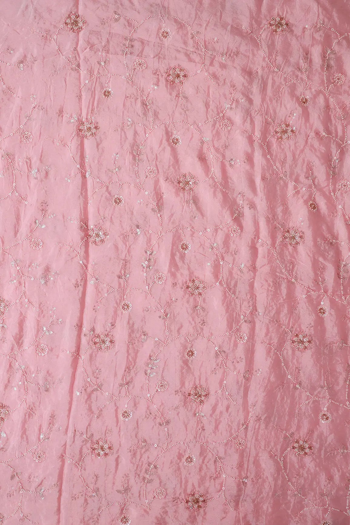 White Beads And Sequins Floral Embroidery On Pink Chinnon Chiffon Fabric