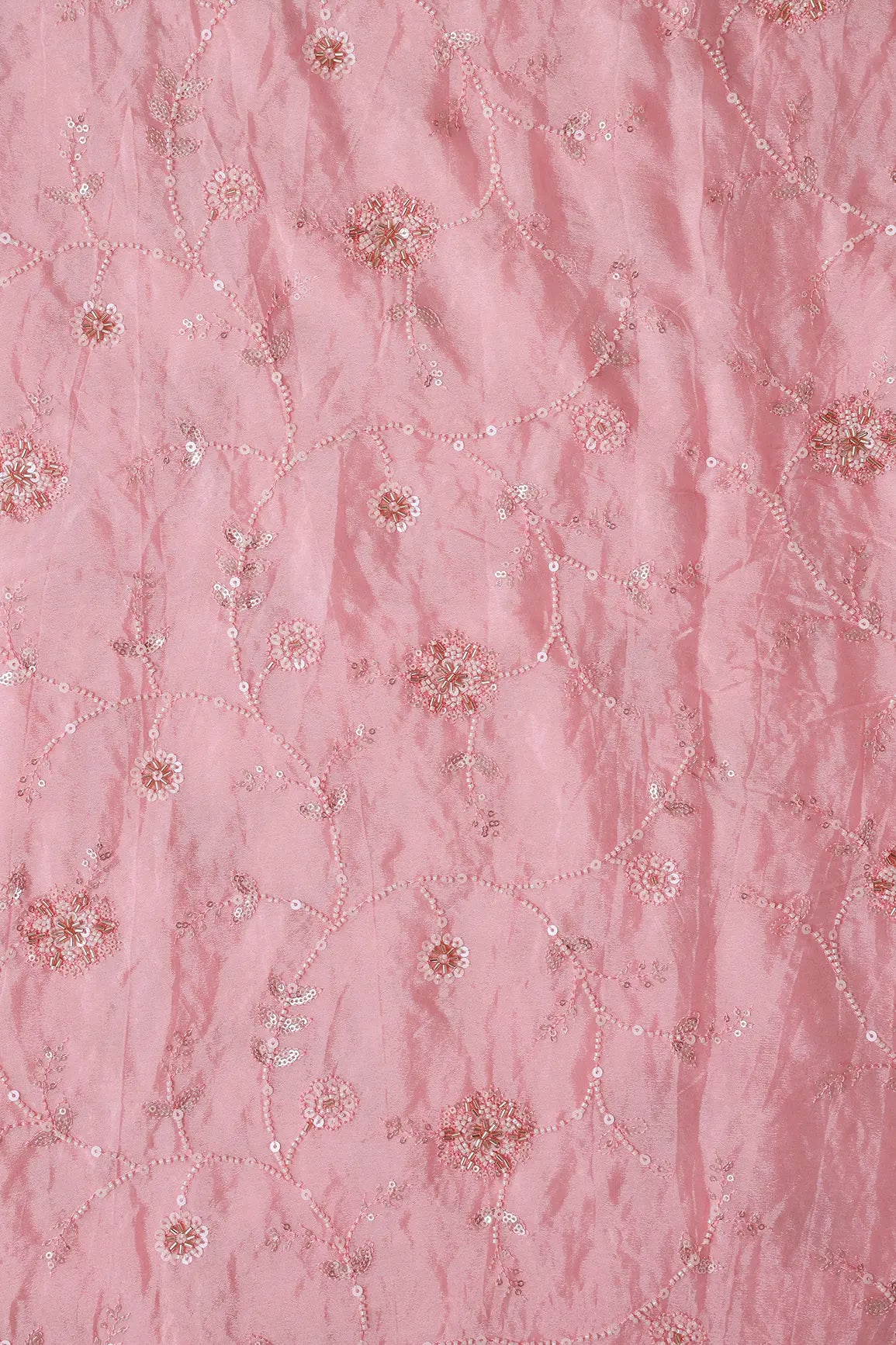 White Beads And Sequins Floral Embroidery On Pink Chinnon Chiffon Fabric
