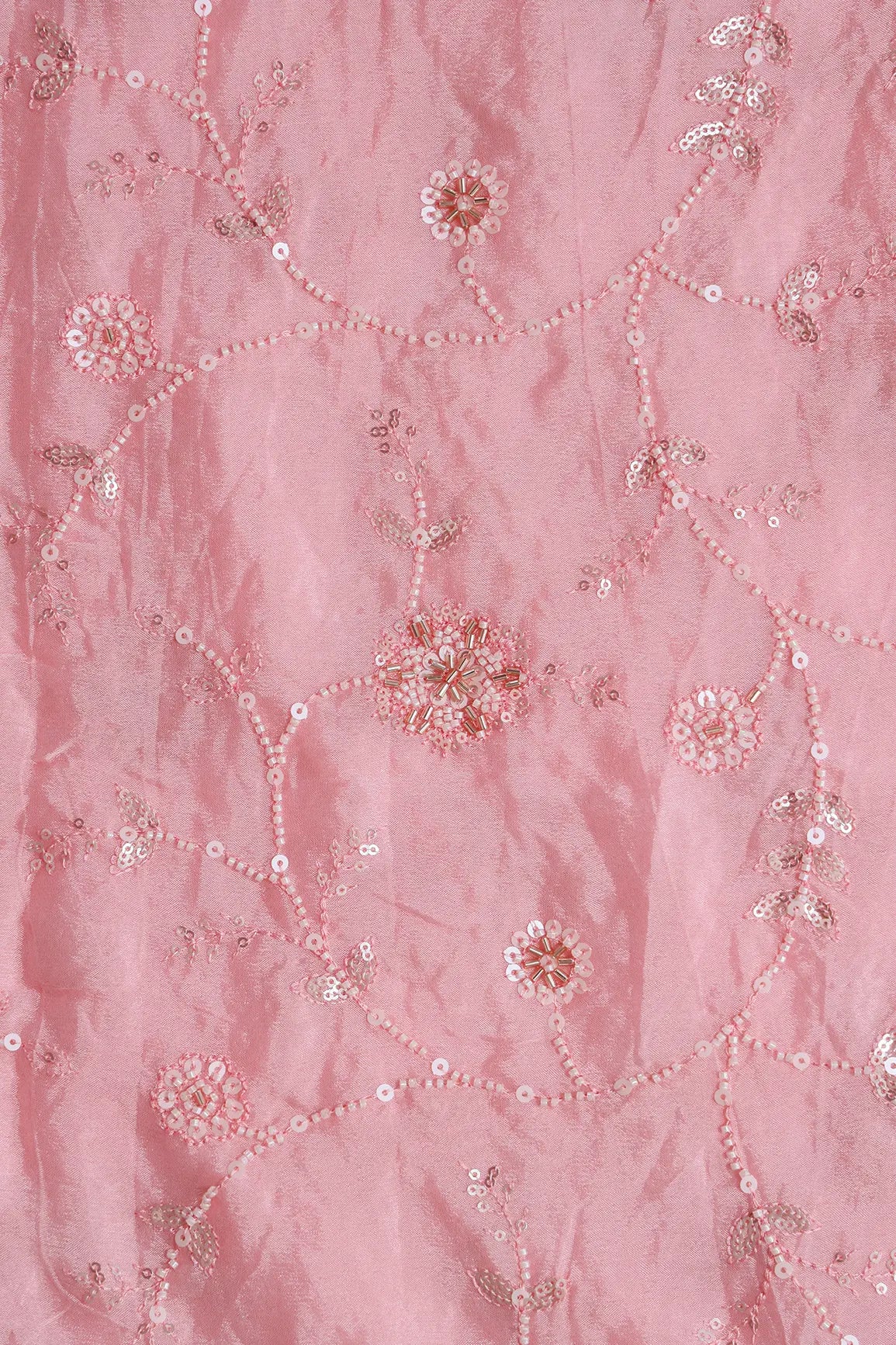 White Beads And Sequins Floral Embroidery On Pink Chinnon Chiffon Fabric