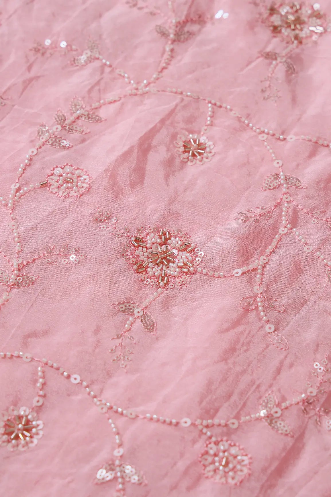 White Beads And Sequins Floral Embroidery On Pink Chinnon Chiffon Fabric