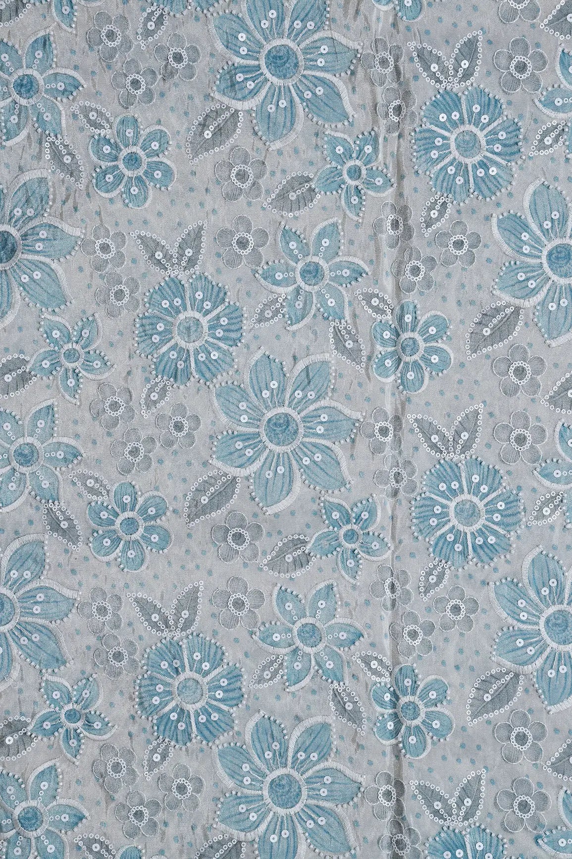 Floral Position Print With White Beads And White Sequins Embroidery On Light Grey Viscose Zari Tissue Fabric