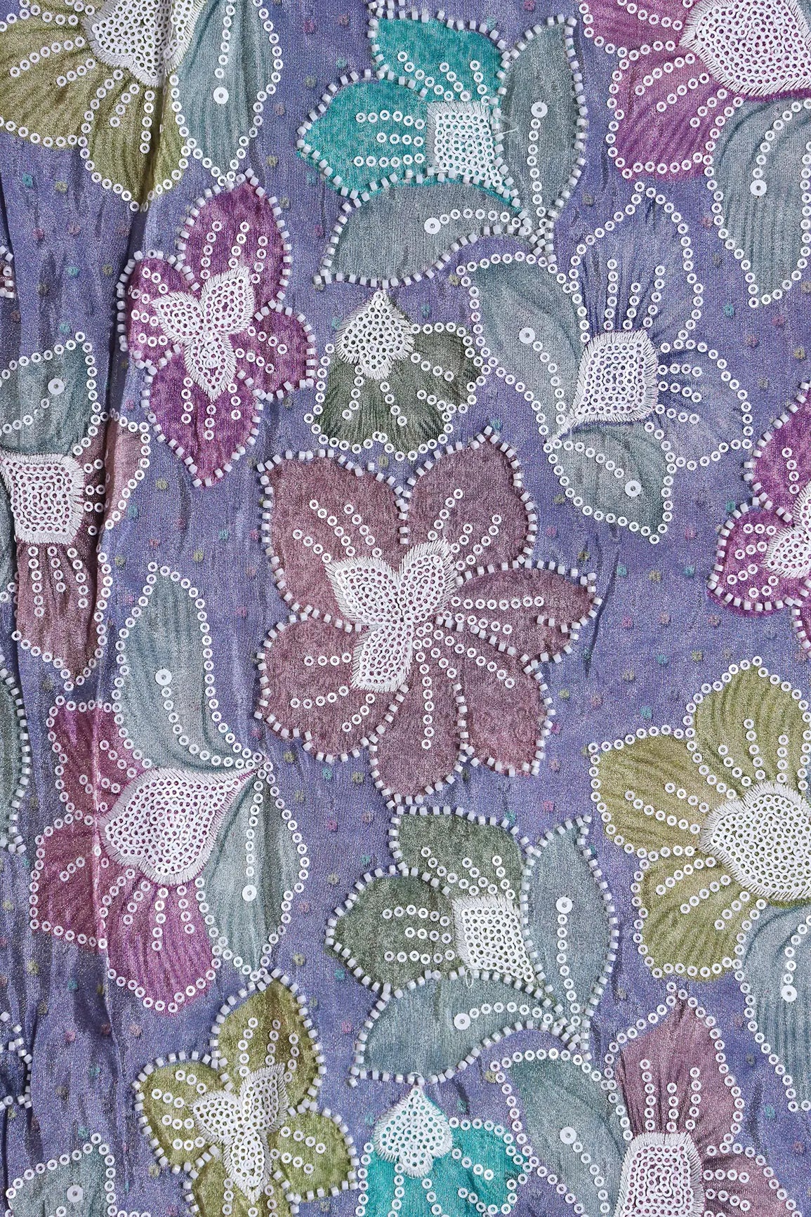 Floral Position Print With White Beads And White Sequins Embroidery On Lilac Viscose Zari Tissue Fabric