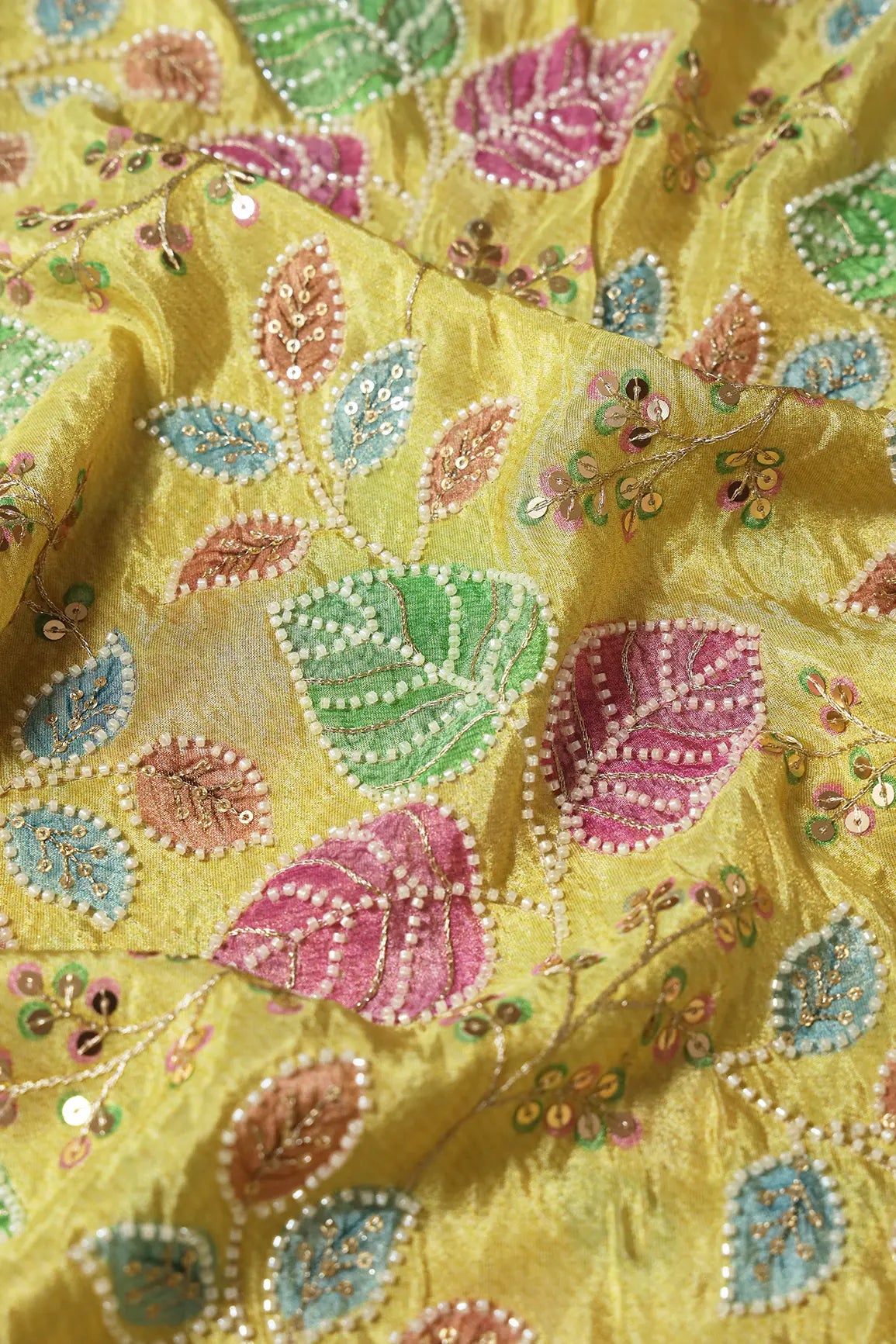 Leafy Print With Beads on Light Green Zari TissueUnstitched Lehenga Set Fabric (3 Piece)