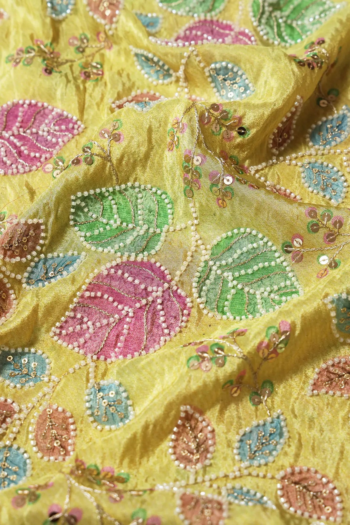 Leafy Print With Beads on Light Green Zari TissueUnstitched Lehenga Set Fabric (3 Piece)