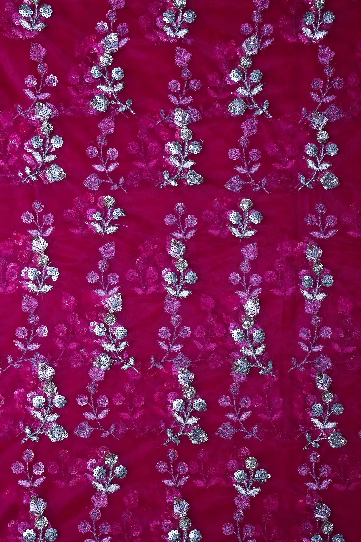 Copper And Gold Sequins Floral Embroidery On Fuchsia Soft Net Fabric