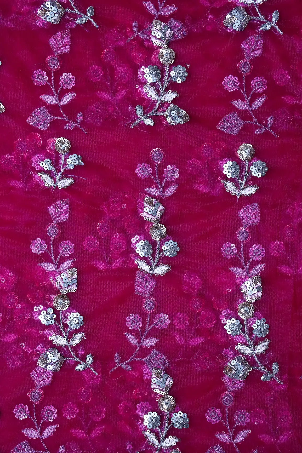 Copper And Gold Sequins Floral Embroidery On Fuchsia Soft Net Fabric