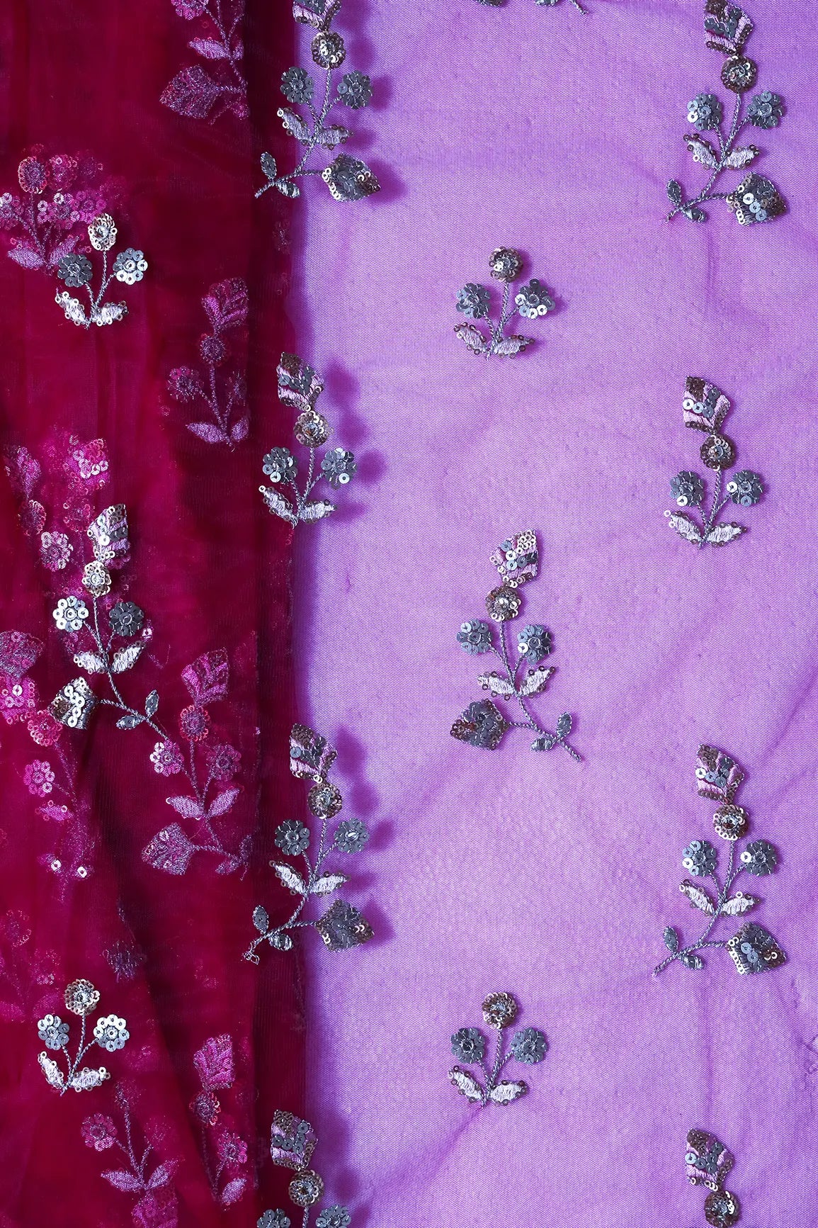 Copper And Gold Sequins Floral Embroidery On Fuchsia Soft Net Fabric