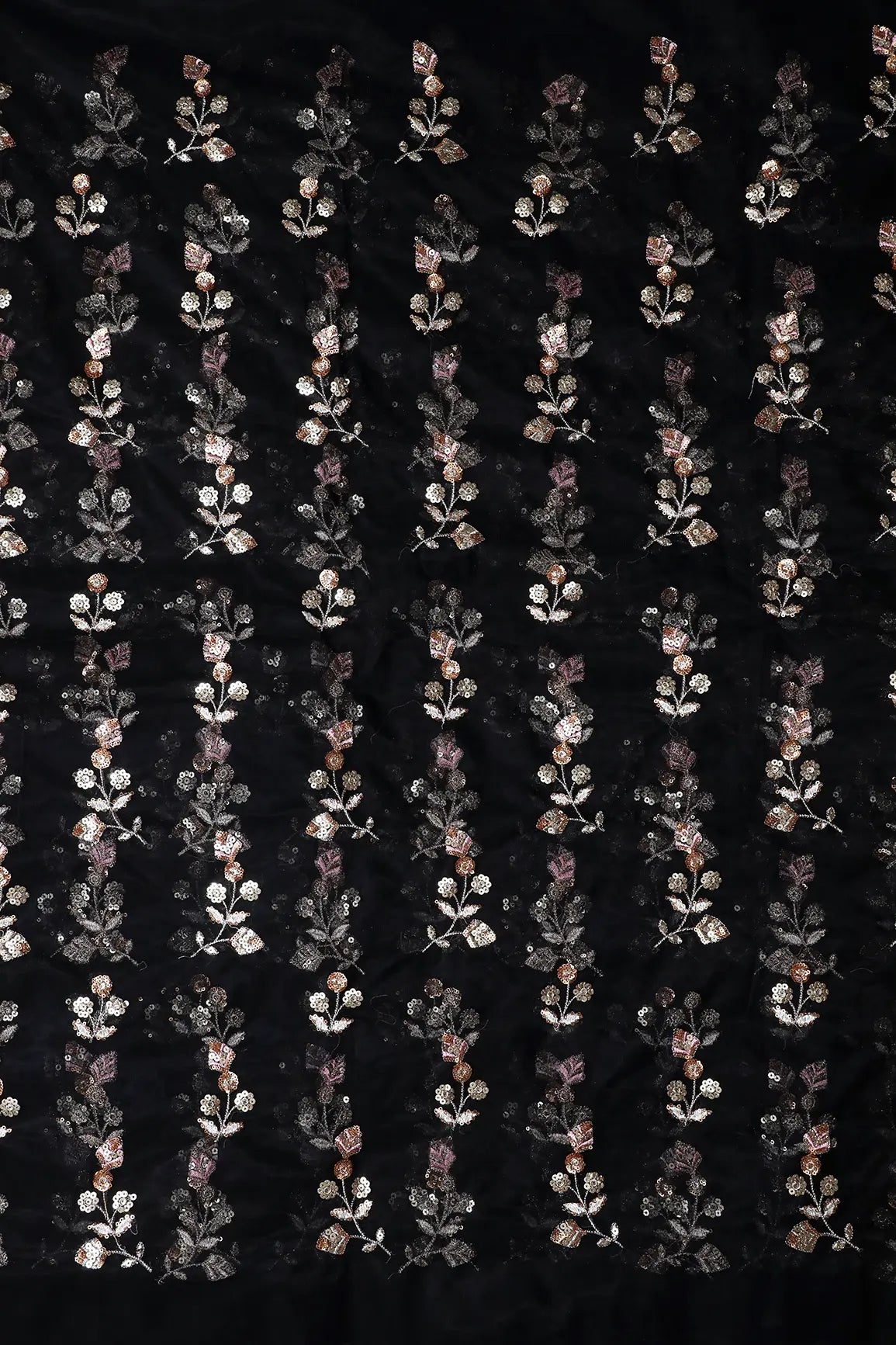 Copper And Gold Sequins Floral Embroidery On Black Soft Net Fabric