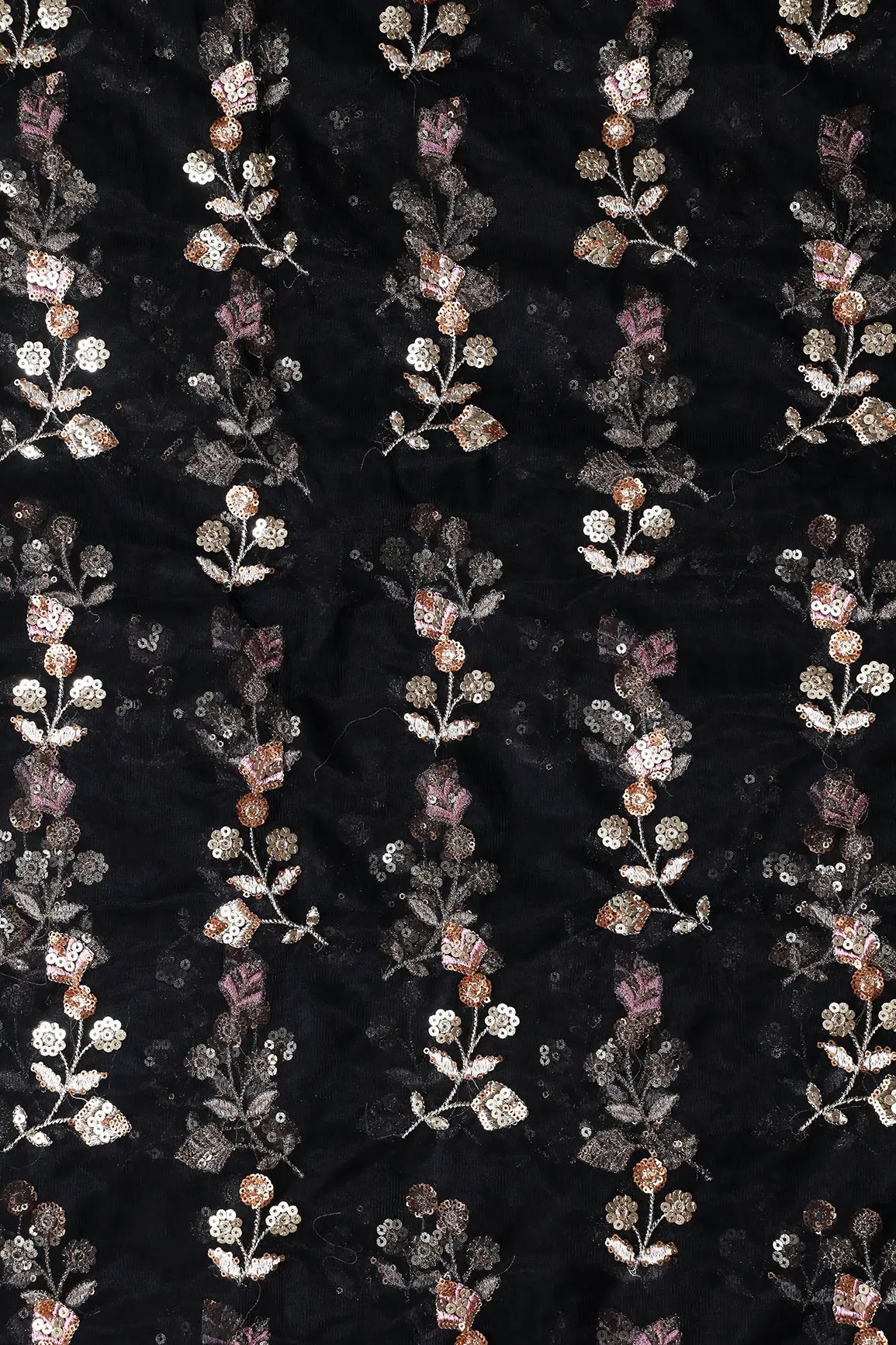 Copper And Gold Sequins Floral Embroidery On Black Soft Net Fabric