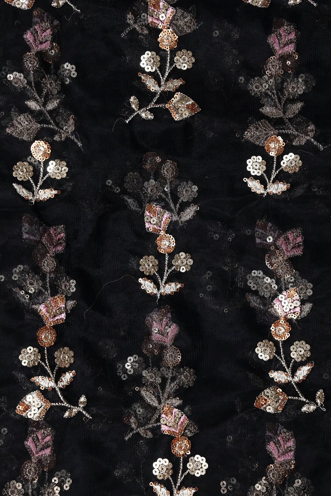 Copper And Gold Sequins Floral Embroidery On Black Soft Net Fabric