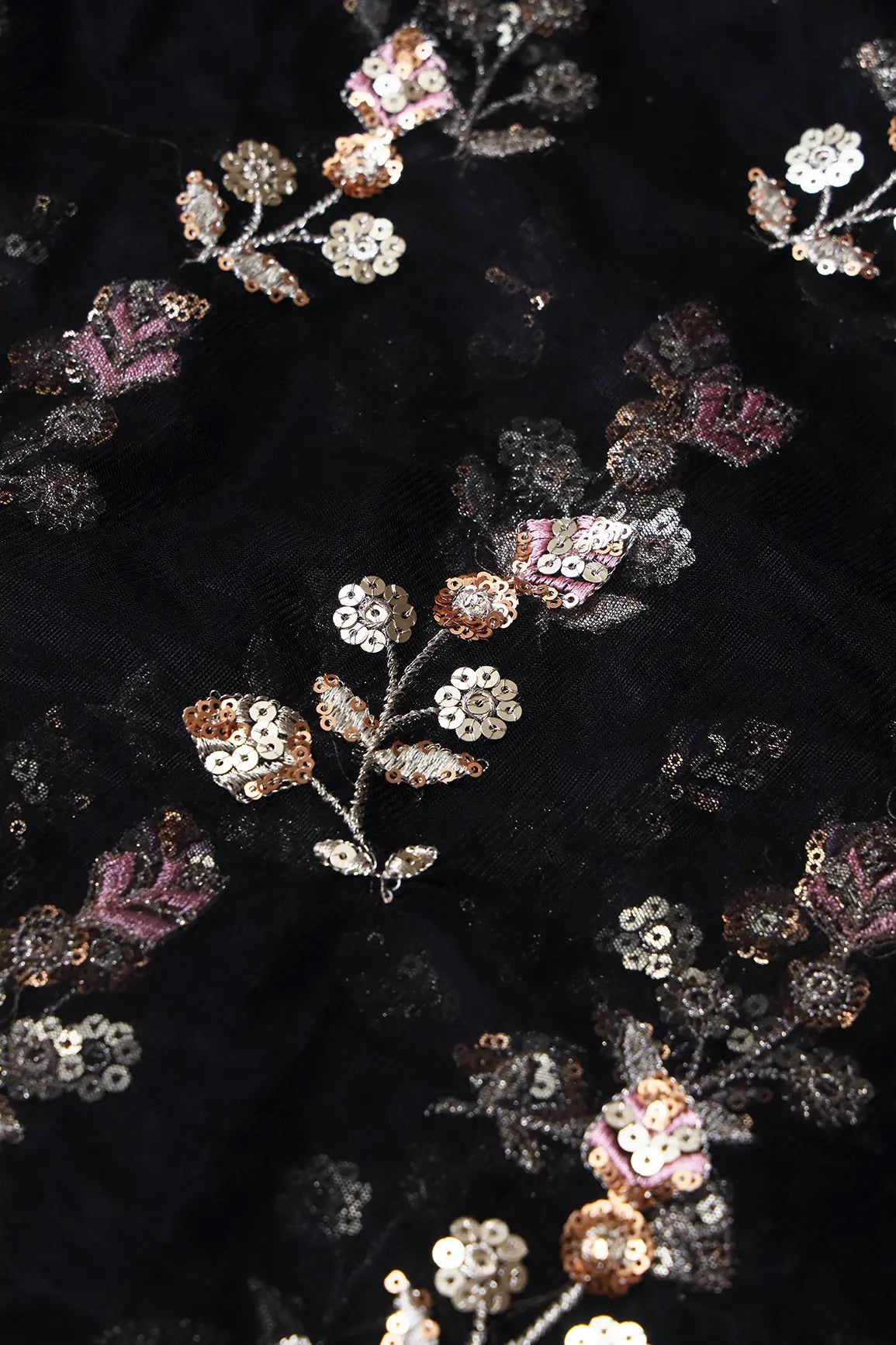 Copper And Gold Sequins Floral Embroidery On Black Soft Net Fabric
