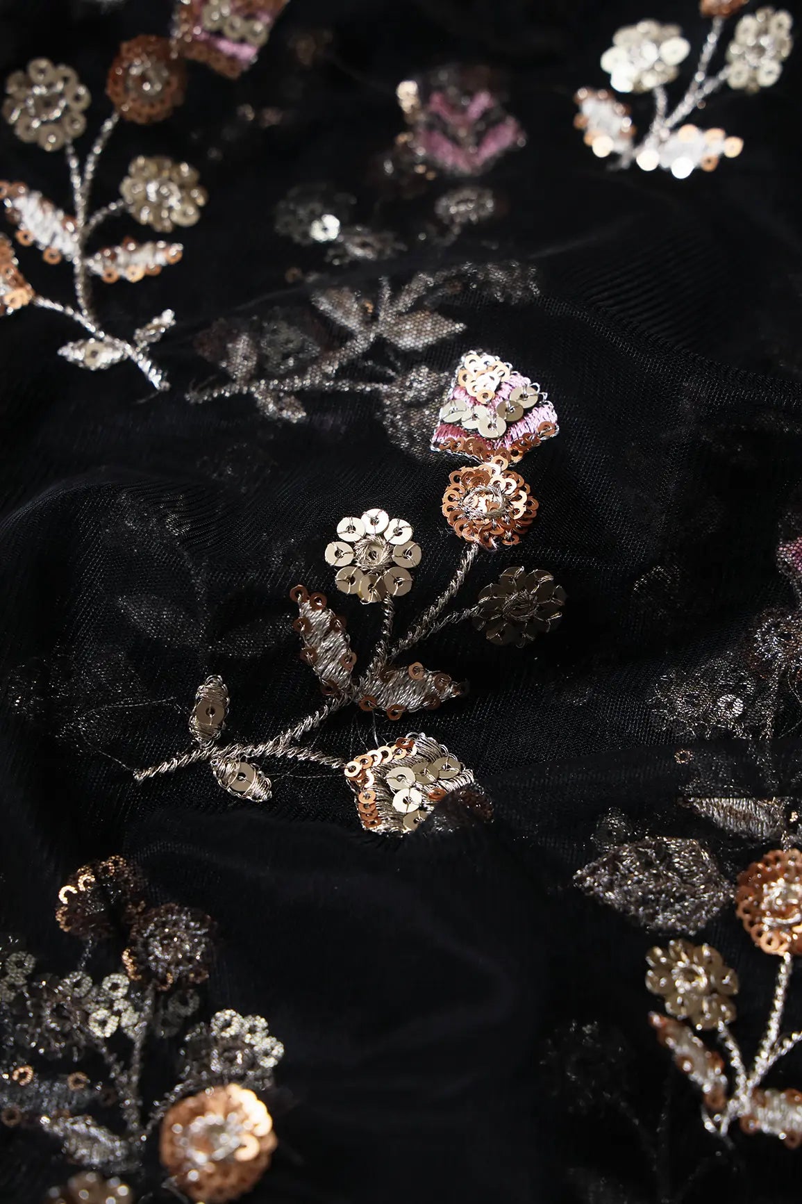 Copper And Gold Sequins Floral Embroidery On Black Soft Net Fabric