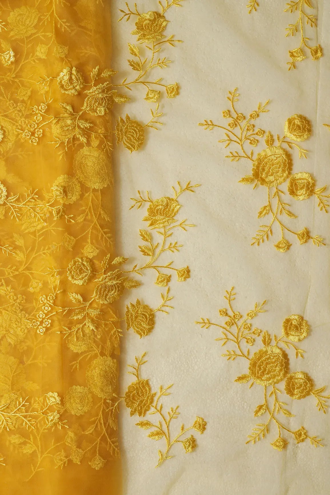 Yellow Thread With Sequins Floral Embroidery On Yellow Soft Net Fabric