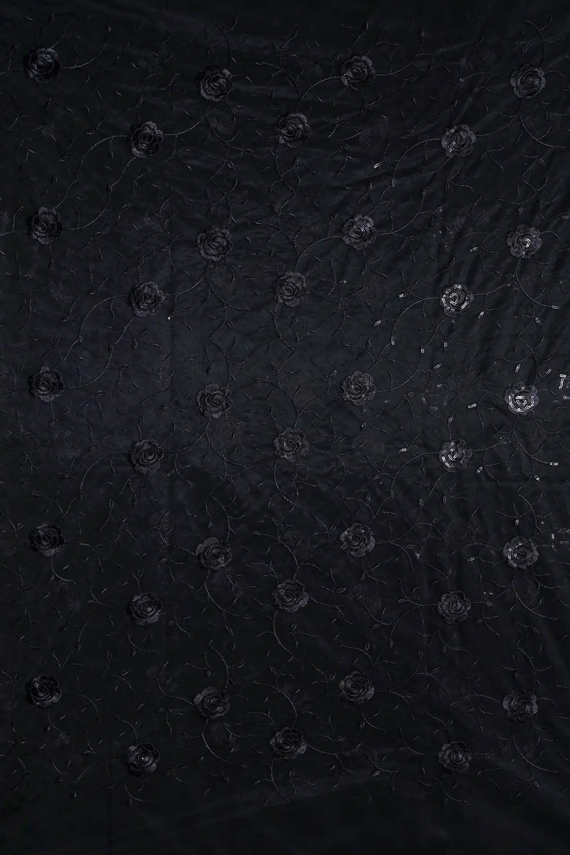 Black Sequins With Black Thread Floral Embroidery On Black Soft Net Fabric