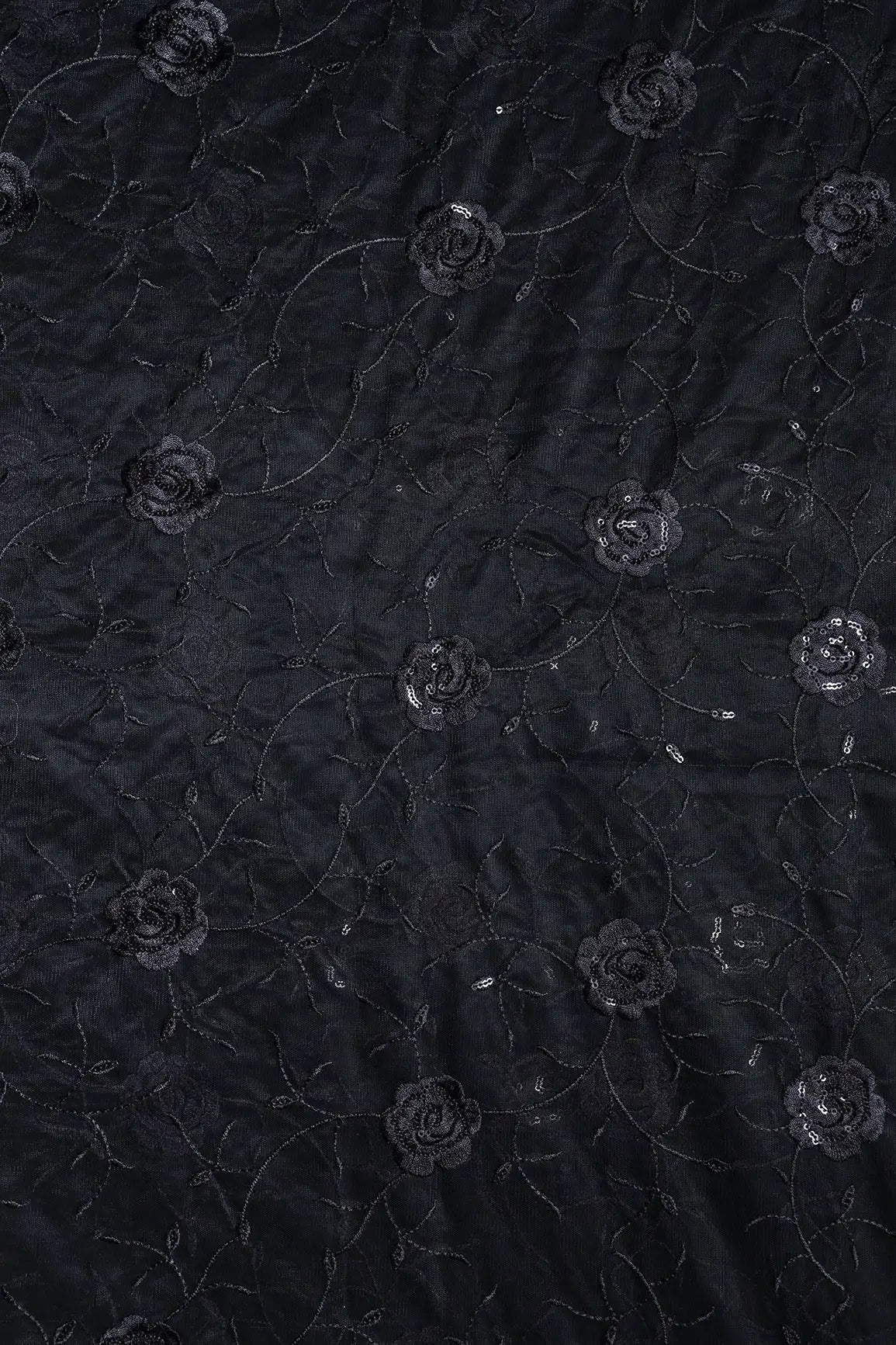 Black Sequins With Black Thread Floral Embroidery On Black Soft Net Fabric