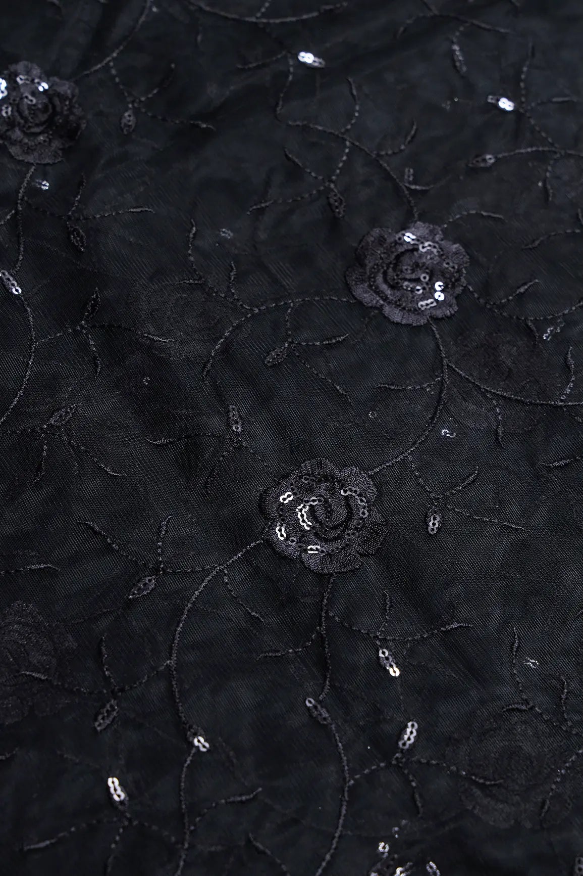 Black Sequins With Black Thread Floral Embroidery On Black Soft Net Fabric
