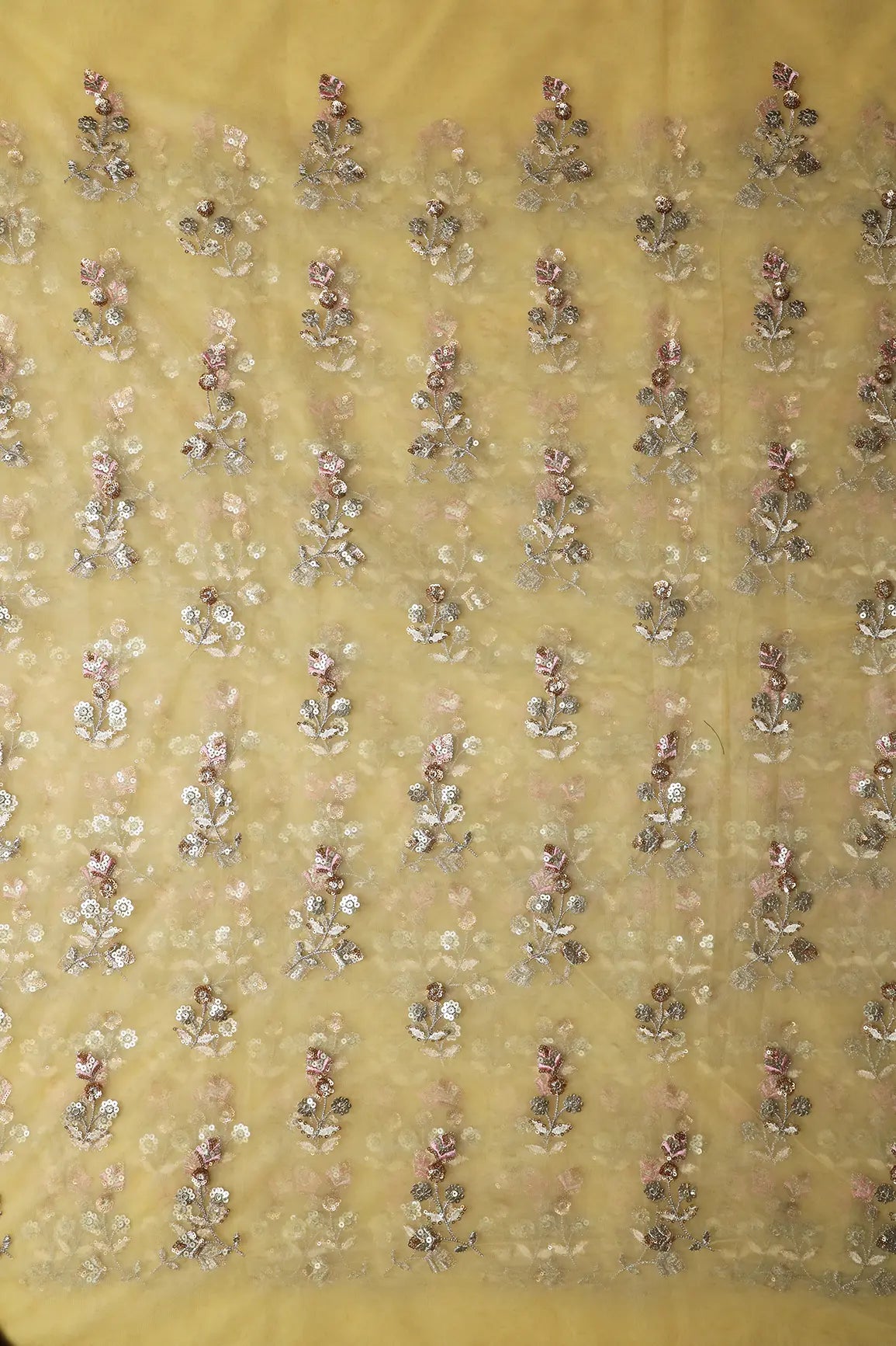 Copper And Gold Sequins Floral Embroidery On Butter Yellow Soft Net Fabric