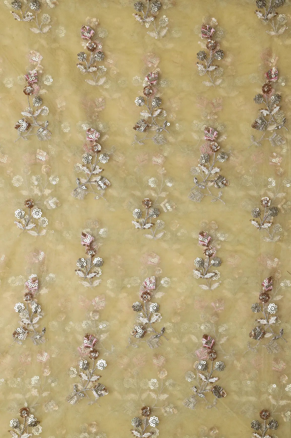 Copper And Gold Sequins Floral Embroidery On Butter Yellow Soft Net Fabric