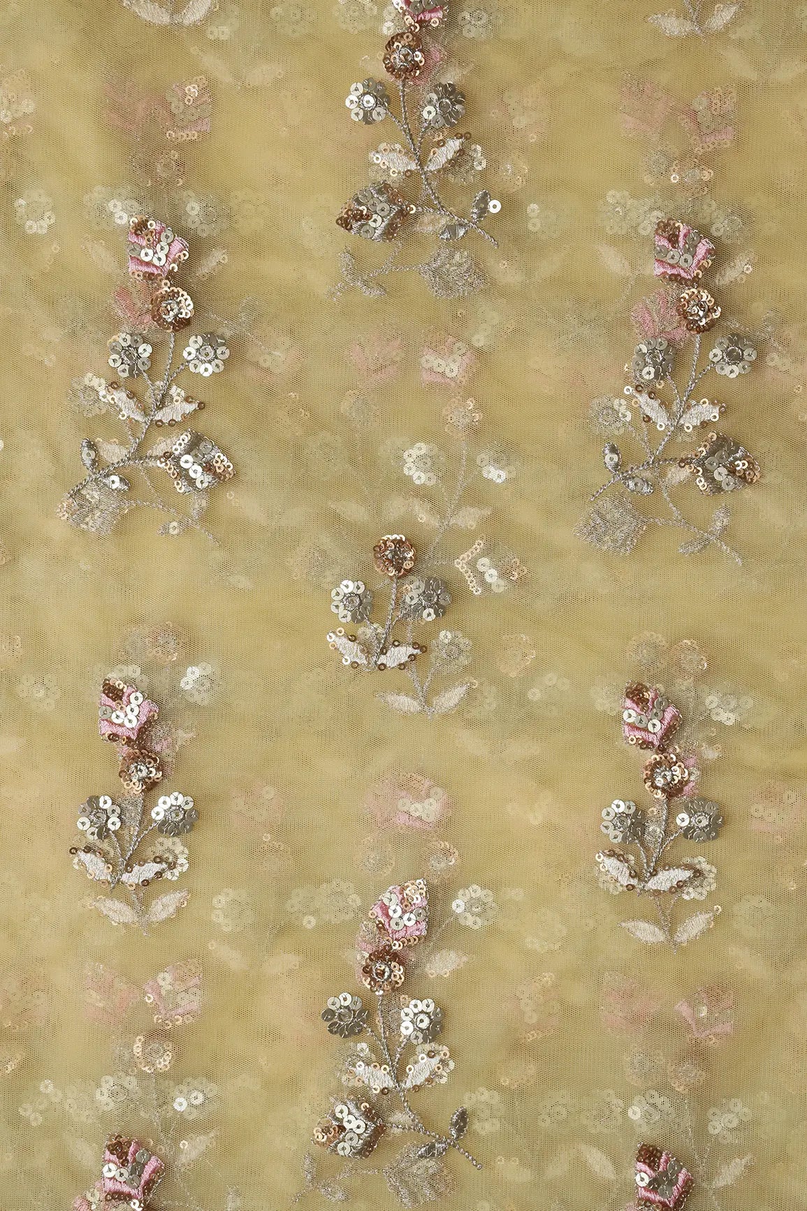 Copper And Gold Sequins Floral Embroidery On Butter Yellow Soft Net Fabric