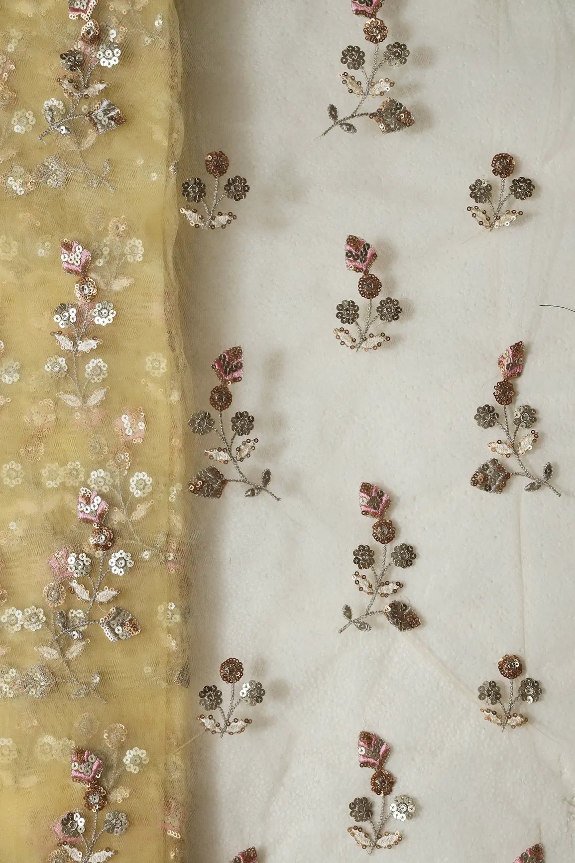 Copper And Gold Sequins Floral Embroidery On Butter Yellow Soft Net Fabric