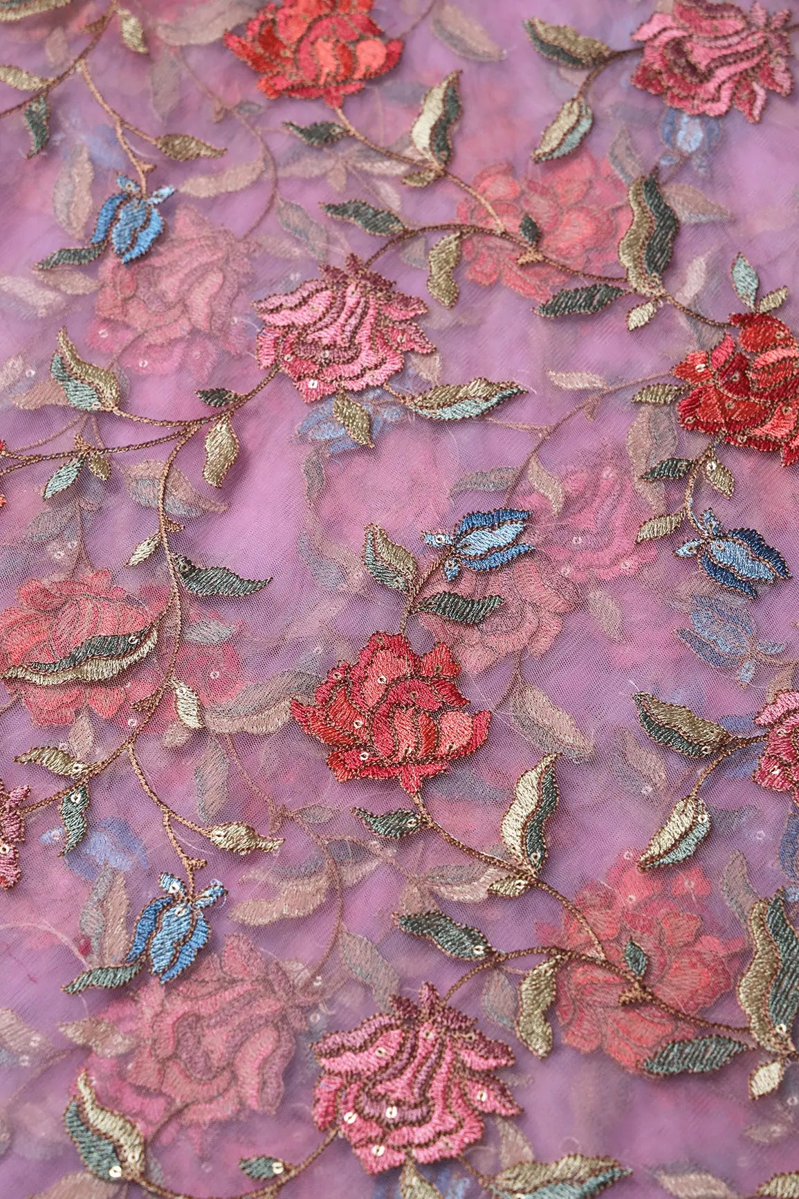 Multi Thread With Sequins Floral Embroidery Work On Lilac Soft Net Fabric
