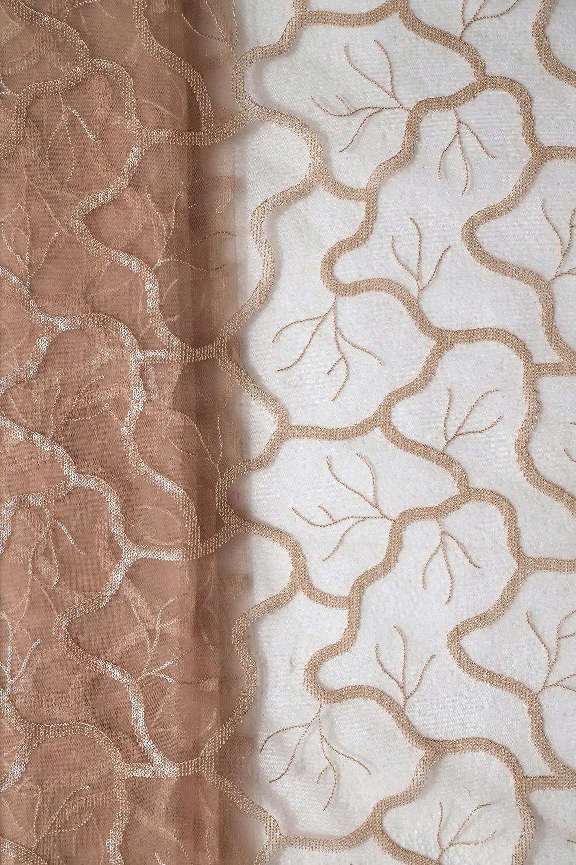 Water Sequins Abstract Embroidery On Beige Soft Net Fabric