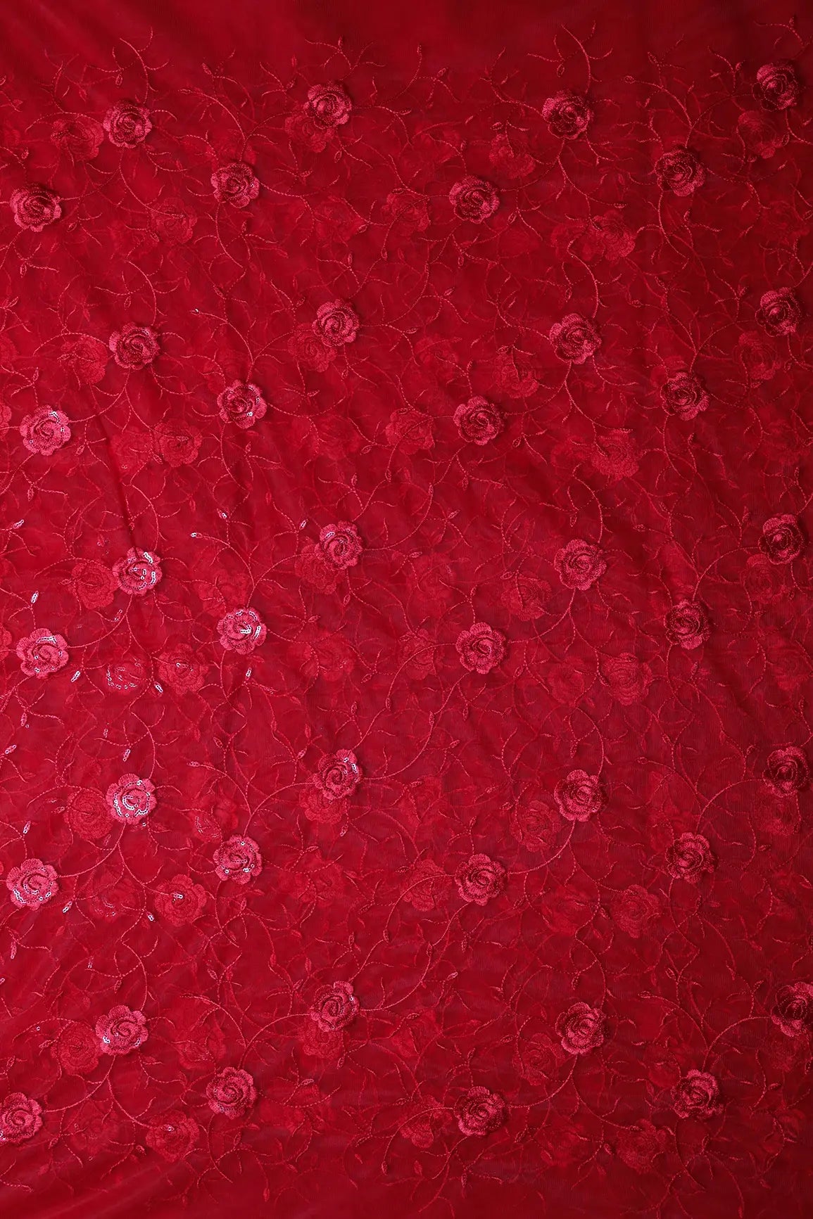 Red Sequins With Red Thread Floral Embroidery On Red Soft Net Fabric