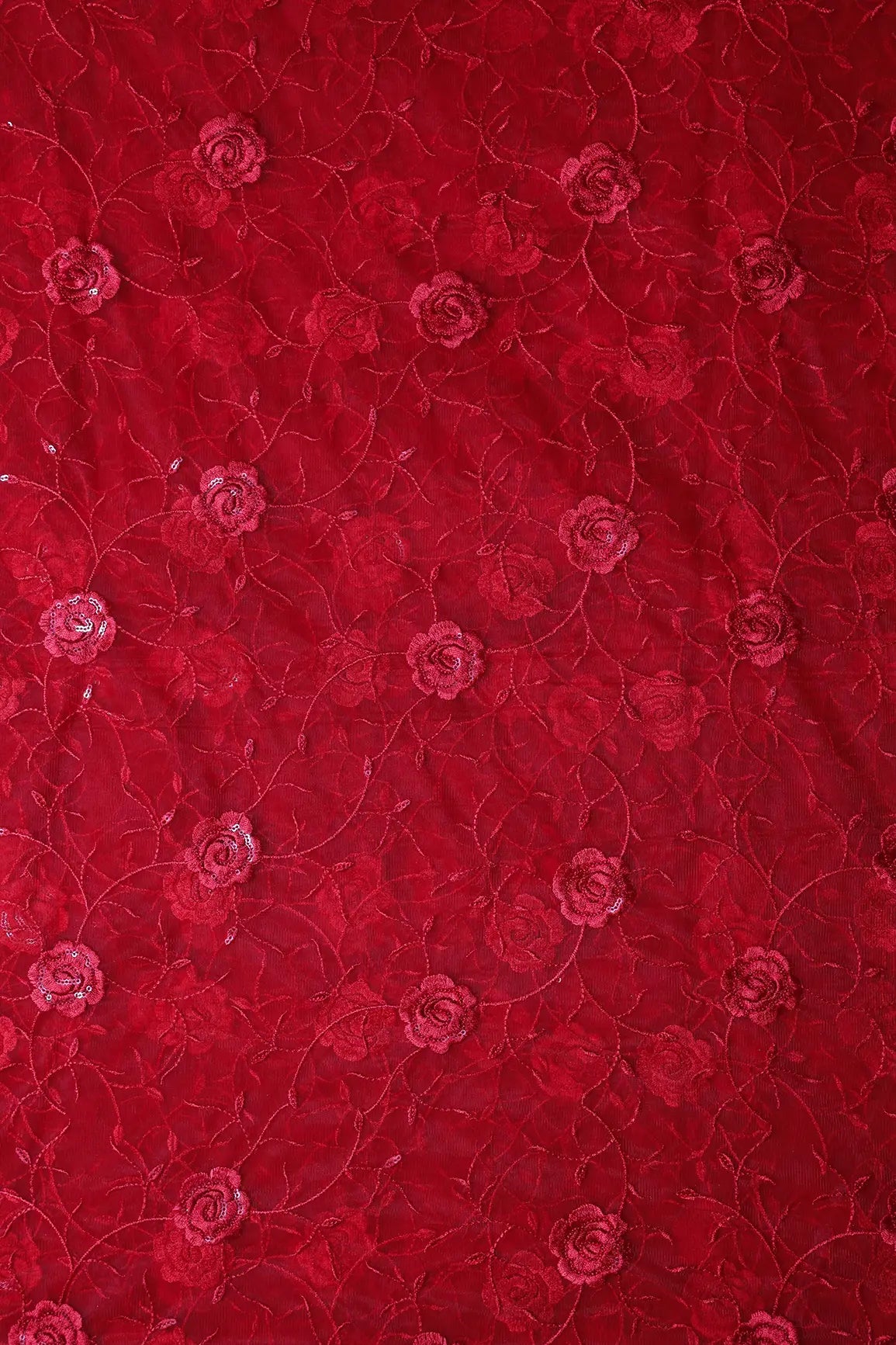 Red Sequins With Red Thread Floral Embroidery On Red Soft Net Fabric