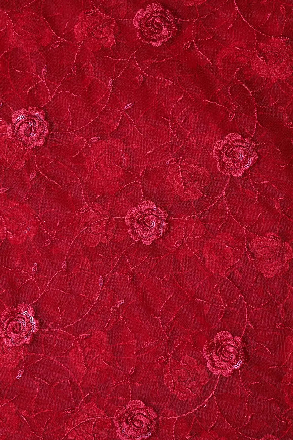 Red Sequins With Red Thread Floral Embroidery On Red Soft Net Fabric