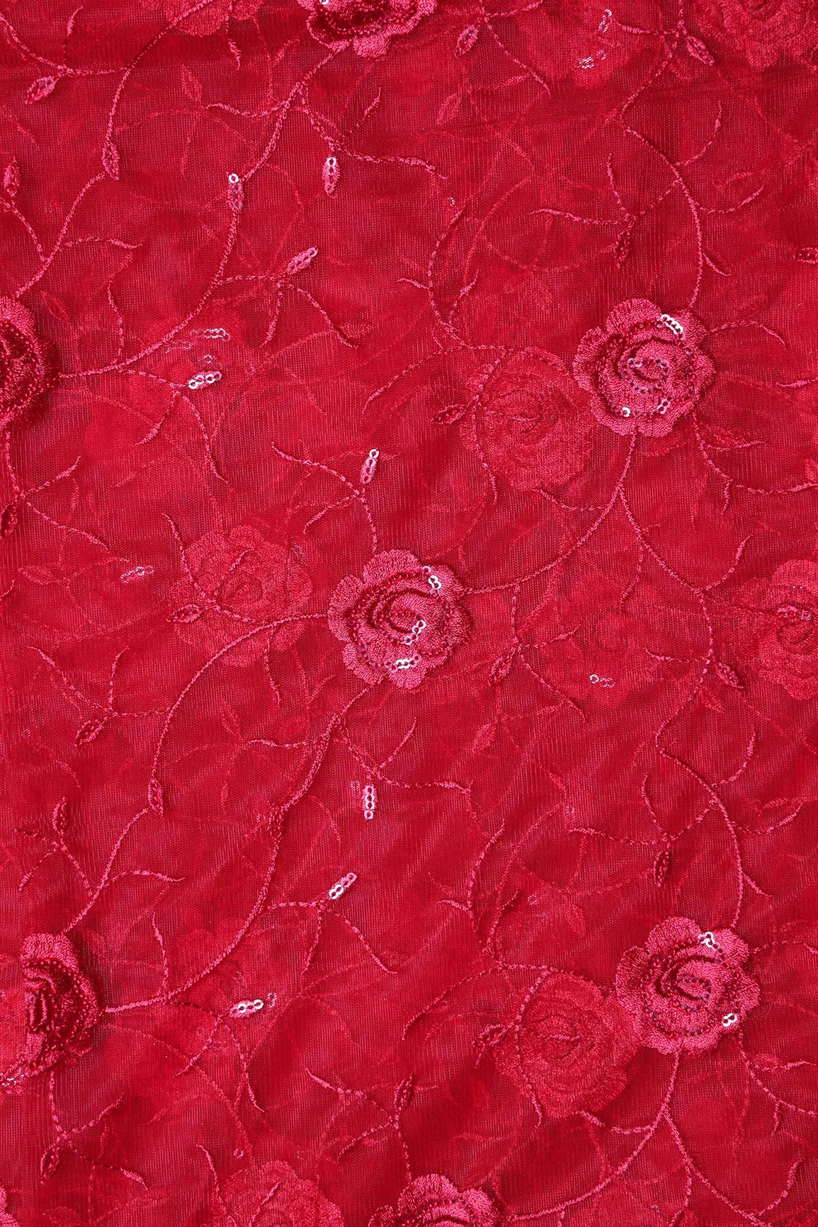 Red Sequins With Red Thread Floral Embroidery On Red Soft Net Fabric