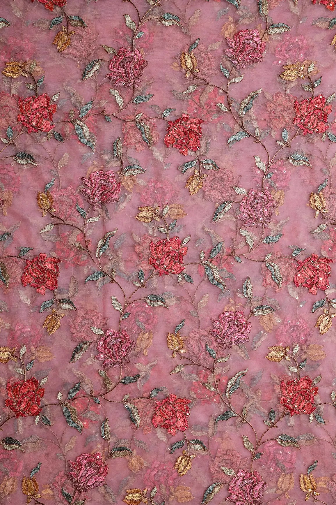 Multi Thread With Sequins Floral Embroidery Work On Pink Soft Net Fabric