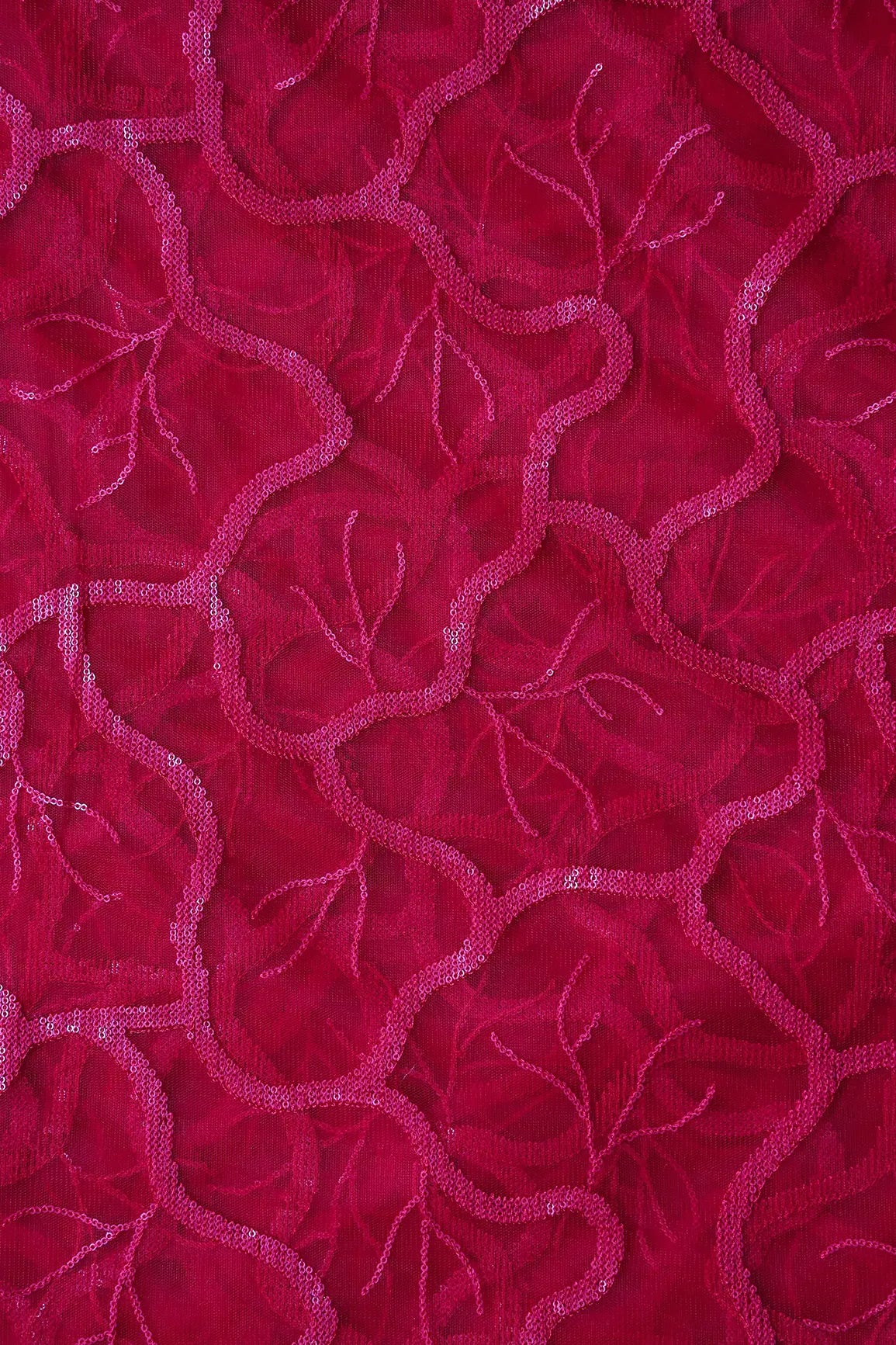 Red Thread With Red Sequins Abstract Embroidery Work On Cherry Red Soft Net Fabric