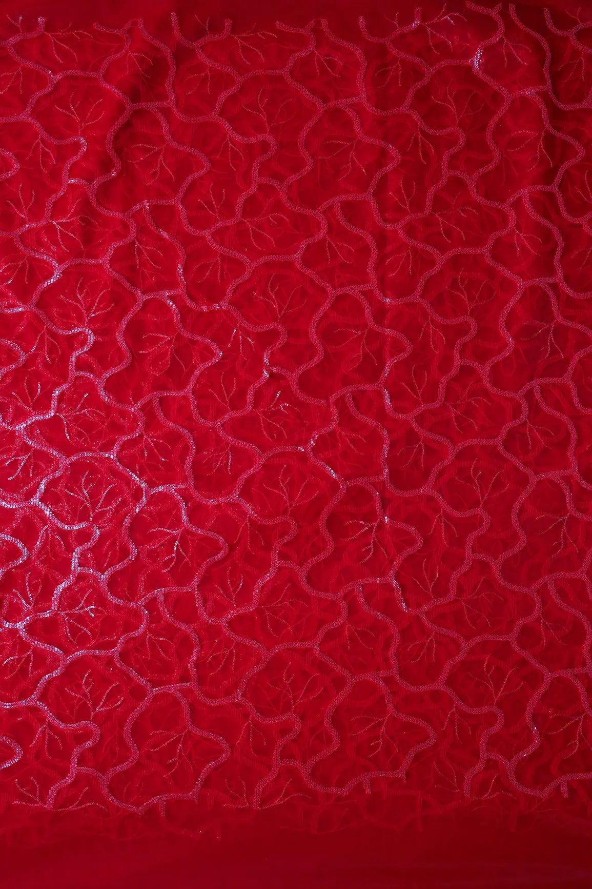 Red Thread With Water Sequins Abstract Embroidery Work On Red Soft Net Fabric