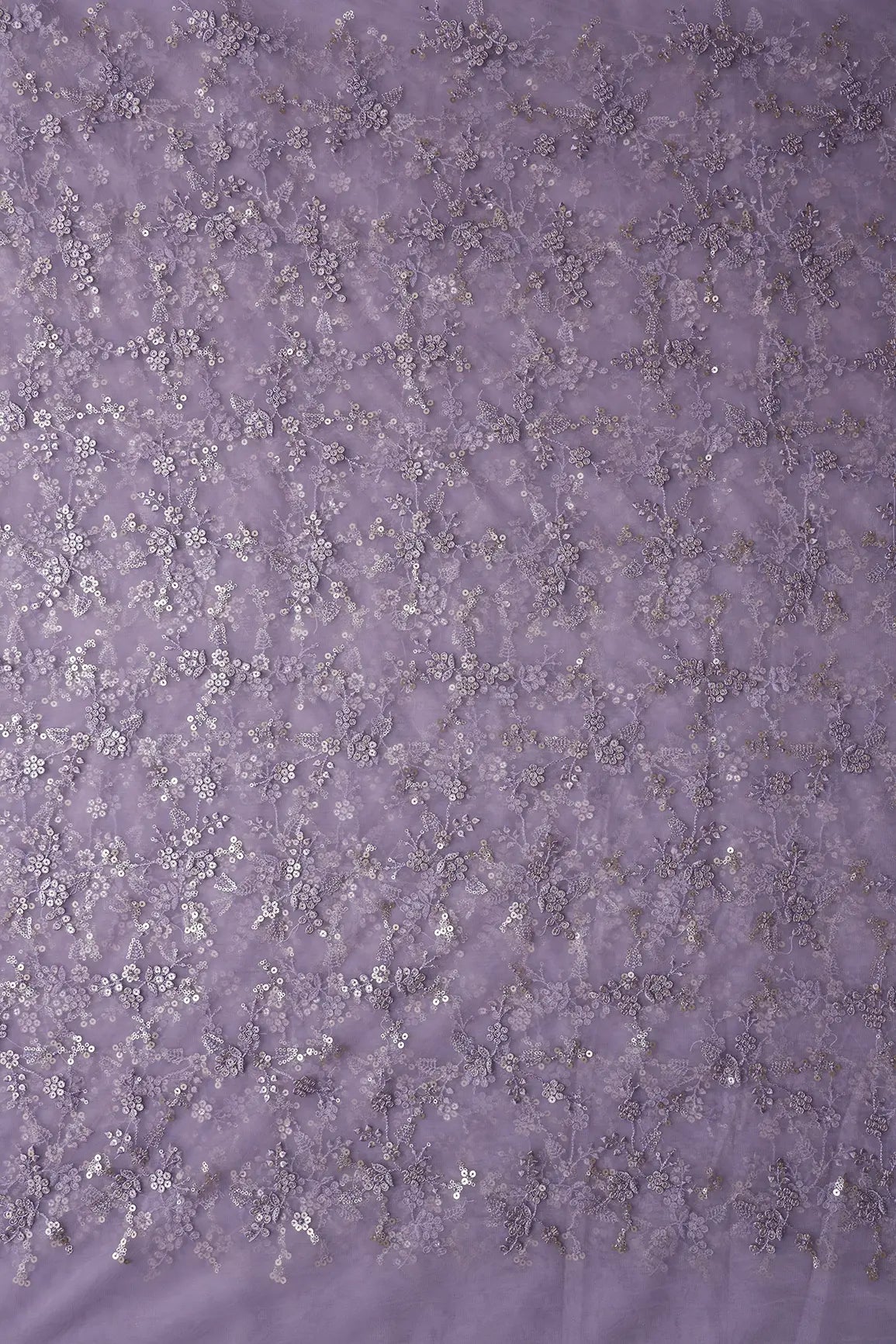 Gold Sequins With Thread Work Floral Embroidery On Lilac Soft Net Fabric